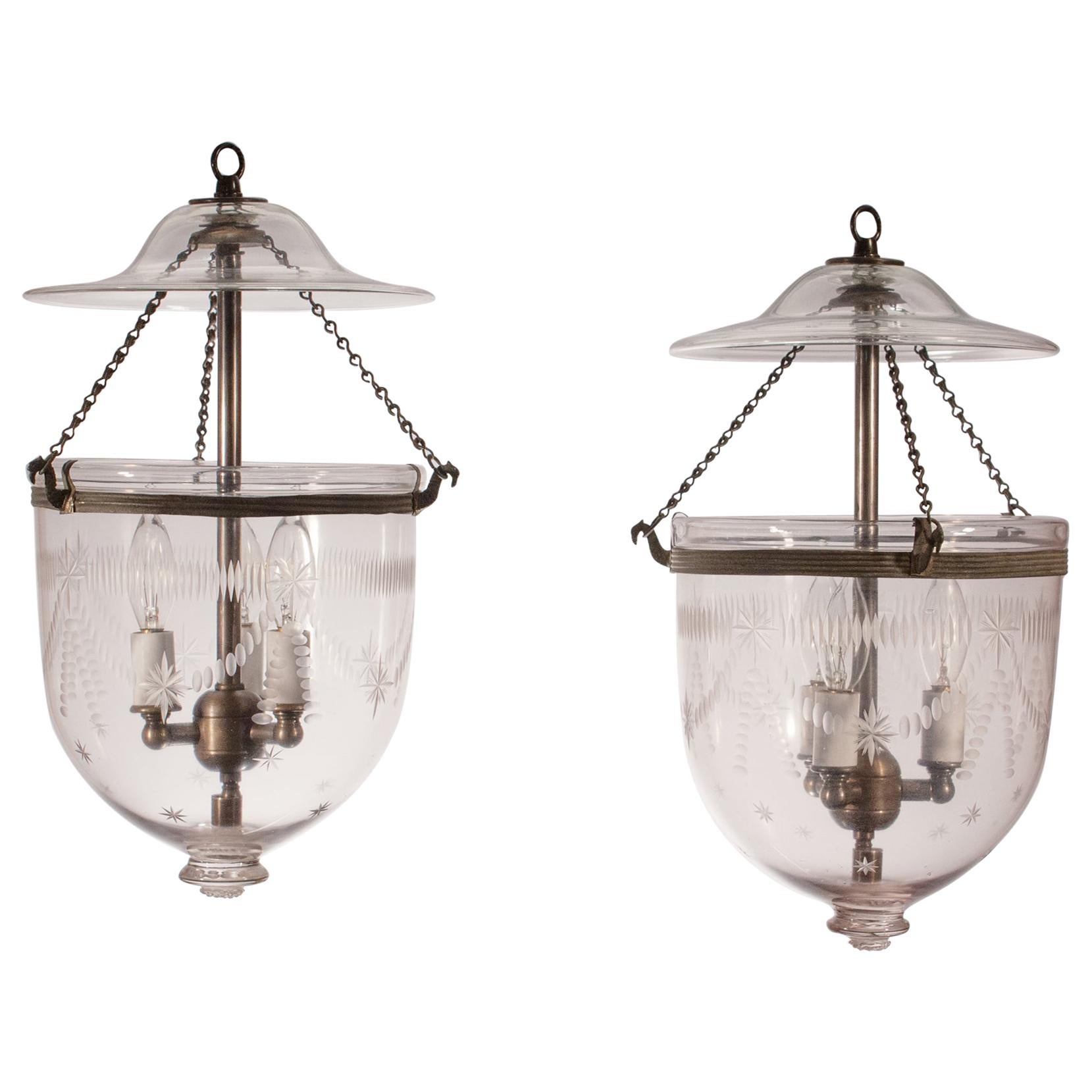 Pair of Petite Antique Bell Jar Lanterns with Federal Etching