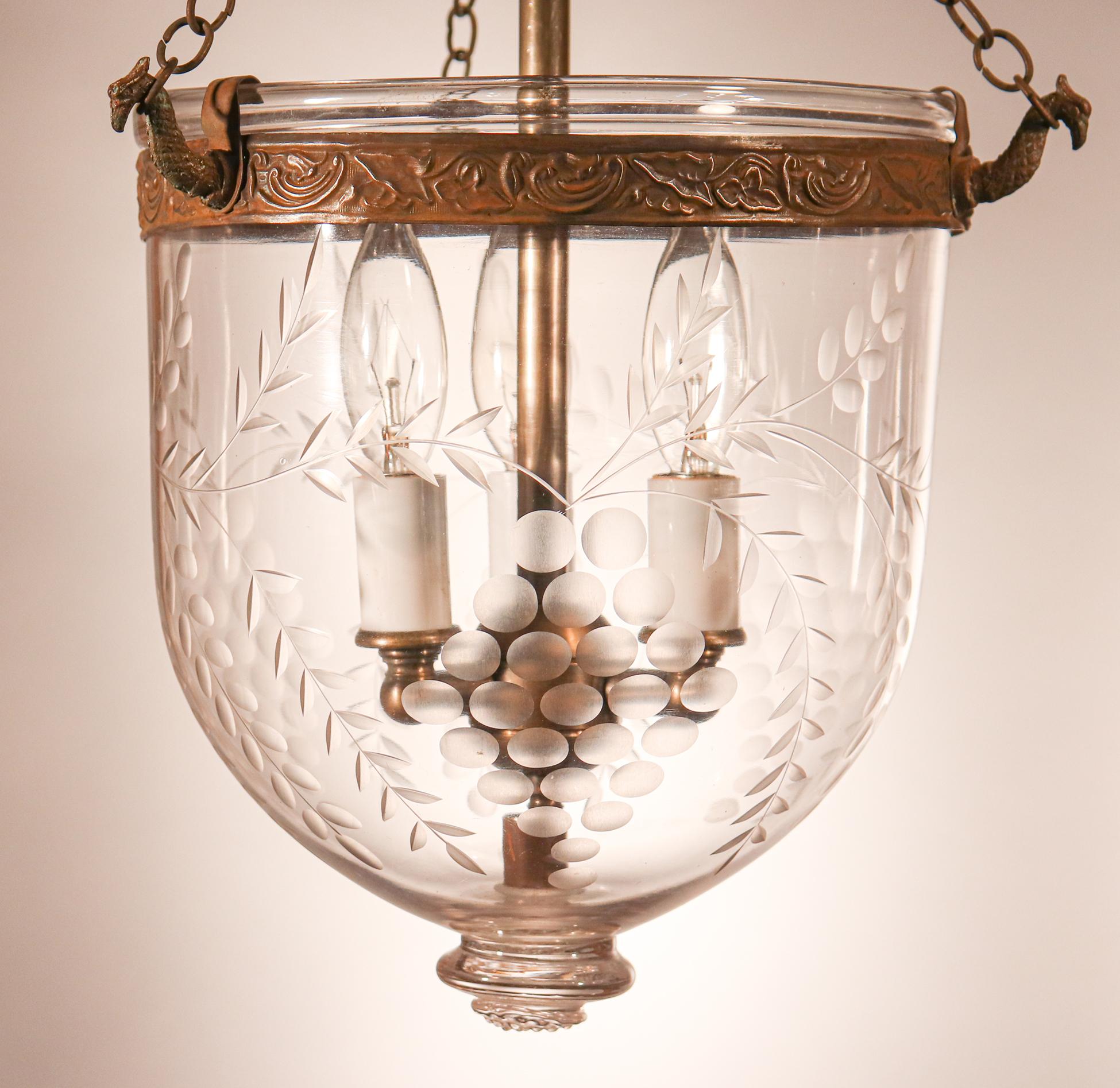 Pair of Petite Antique Bell Jar Lanterns with Grape Etching In Good Condition In Heath, MA