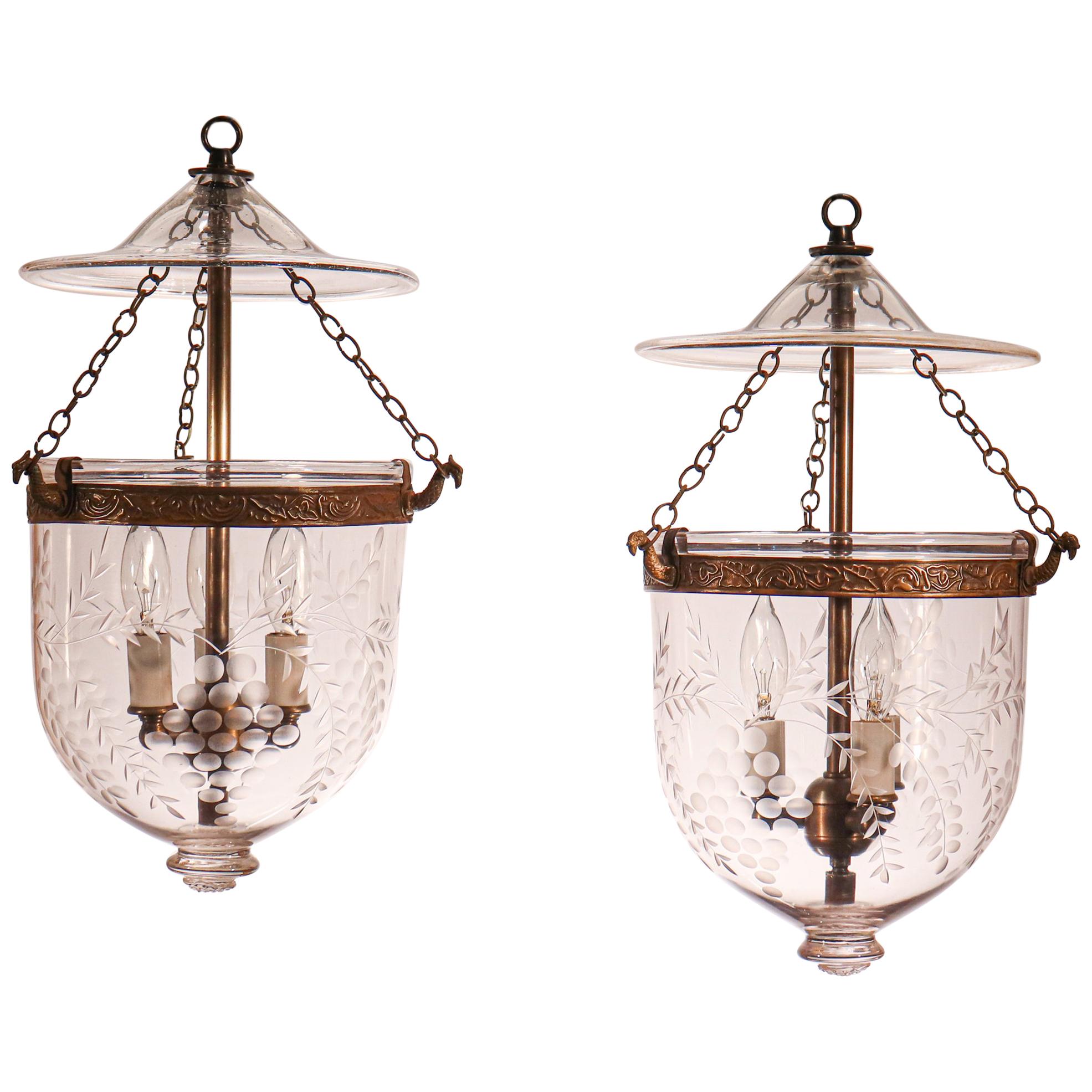 Pair of Petite Antique Bell Jar Lanterns with Grape Etching