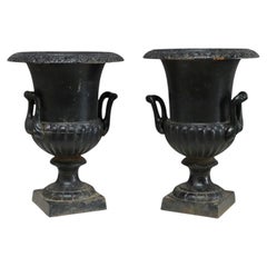 Pair Of Petite Antique Cast Iron Garden Urns With Handles C1900