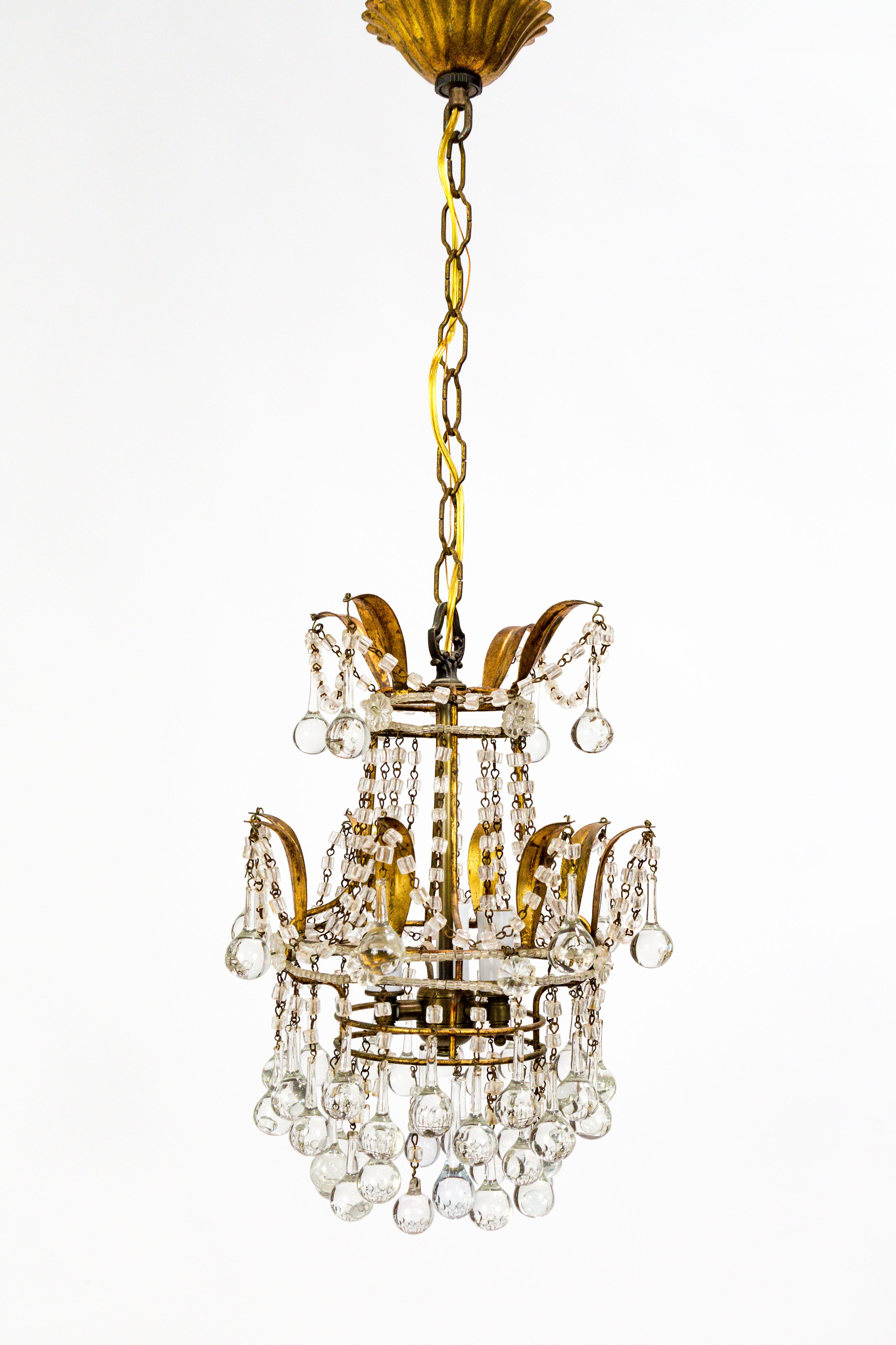 French Pair of Petite Beaded and Drop Crystal Chandeliers
