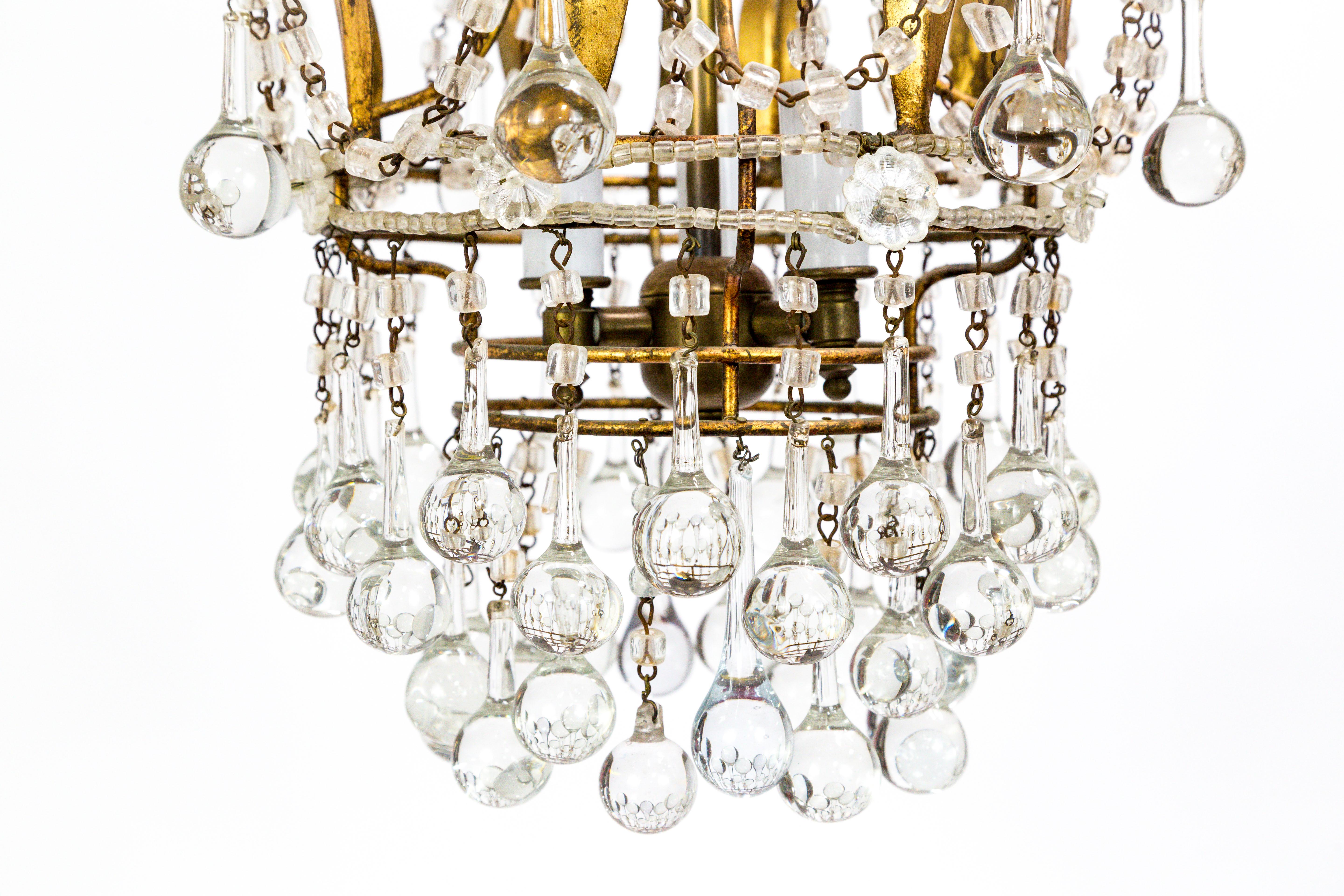 Gilt Pair of Petite Beaded and Drop Crystal Chandeliers
