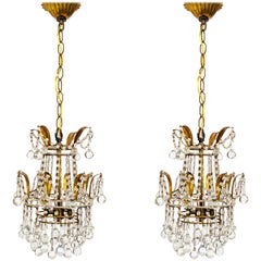 Antique Pair of Petite Beaded and Drop Crystal Chandeliers
