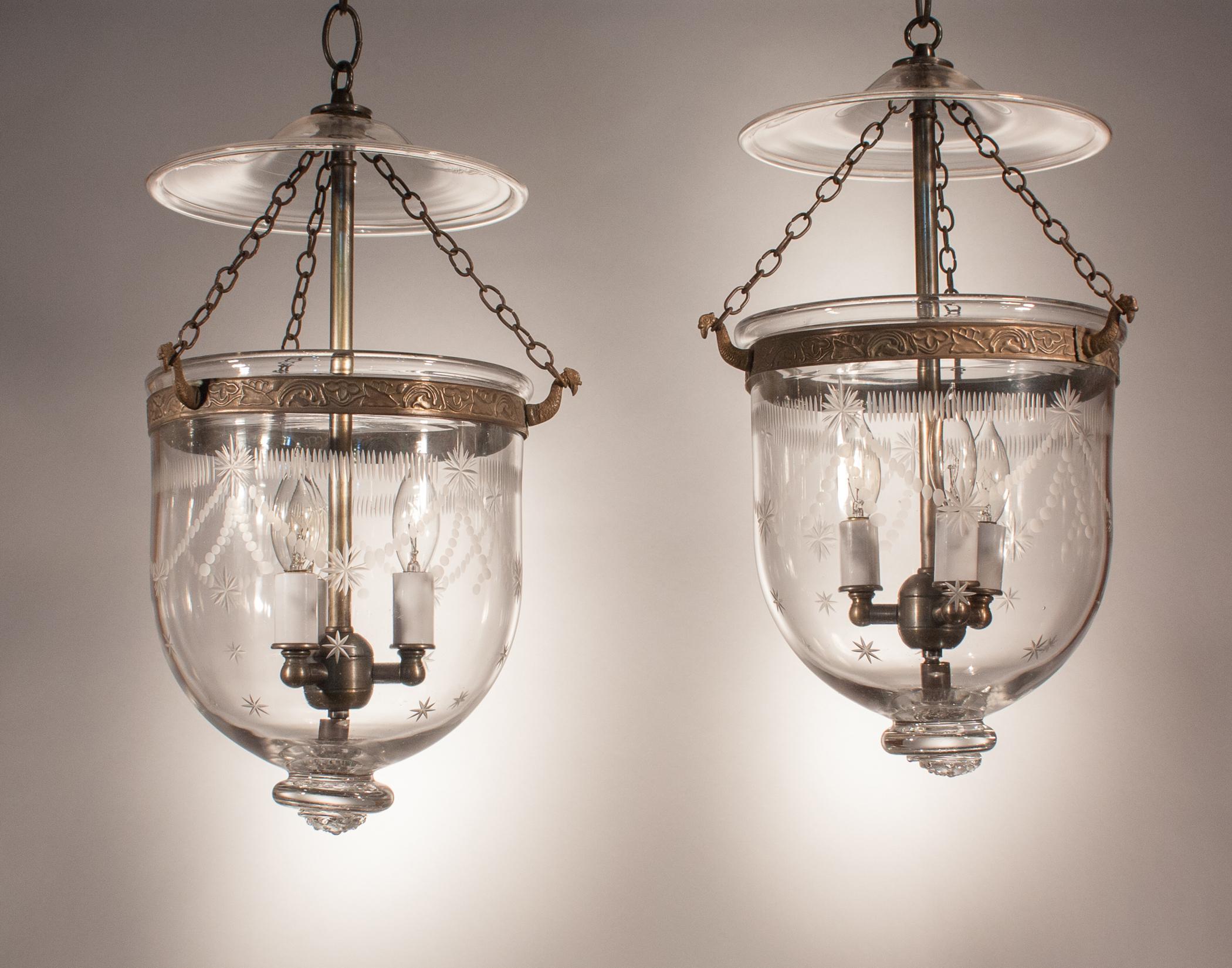 High Victorian Pair of Petite Bell Jar Lanterns with Federal Etching