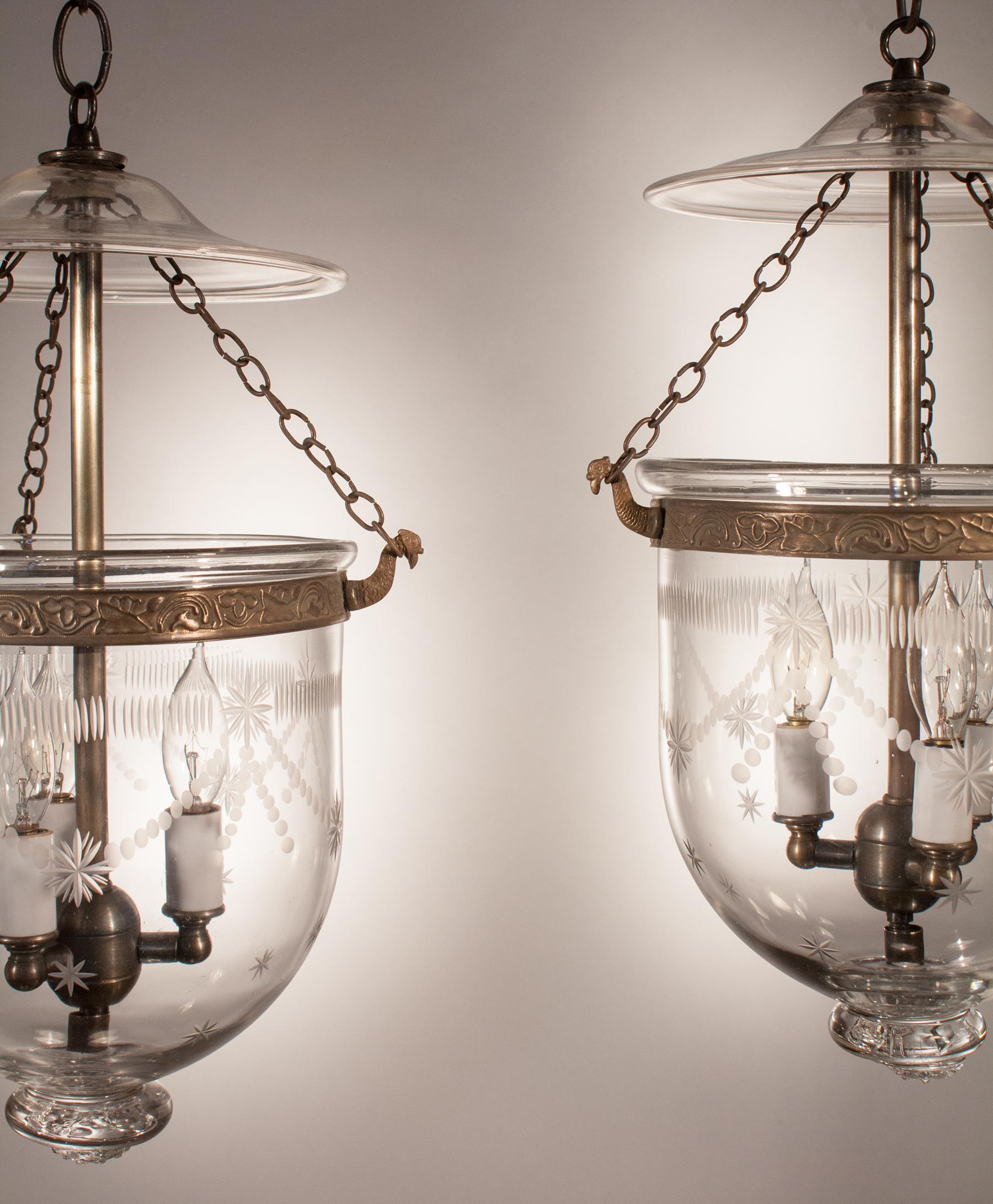 Unknown Pair of Petite Bell Jar Lanterns with Federal Etching