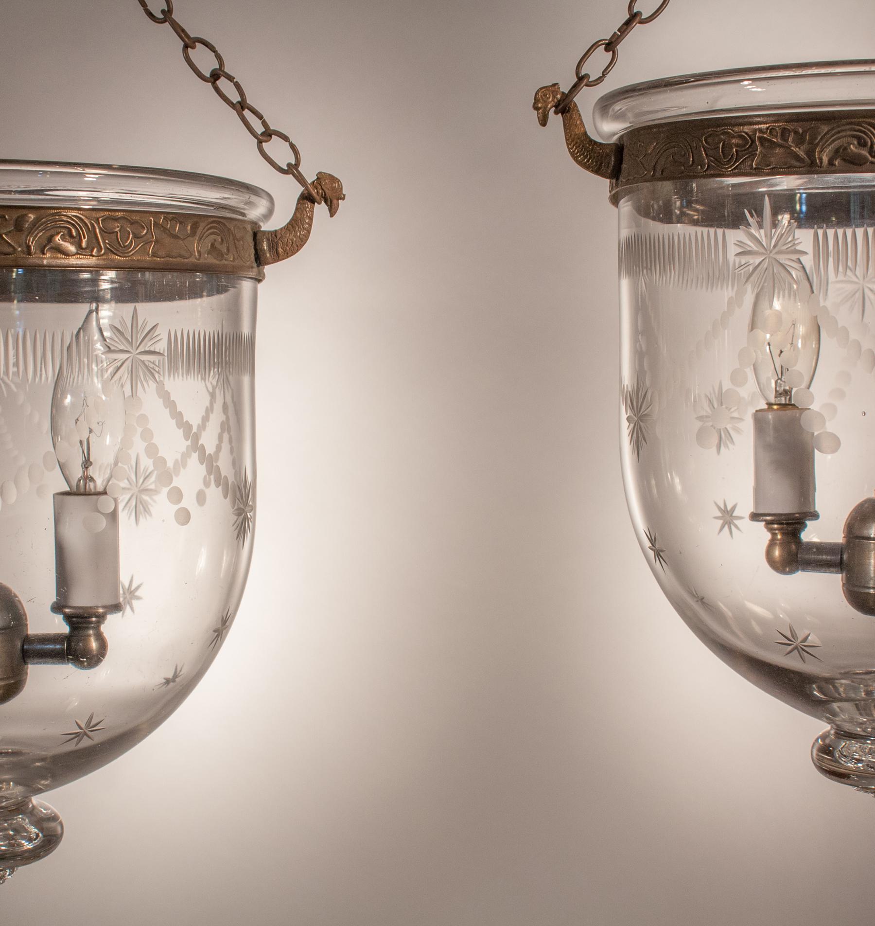 Embossed Pair of Petite Bell Jar Lanterns with Federal Etching