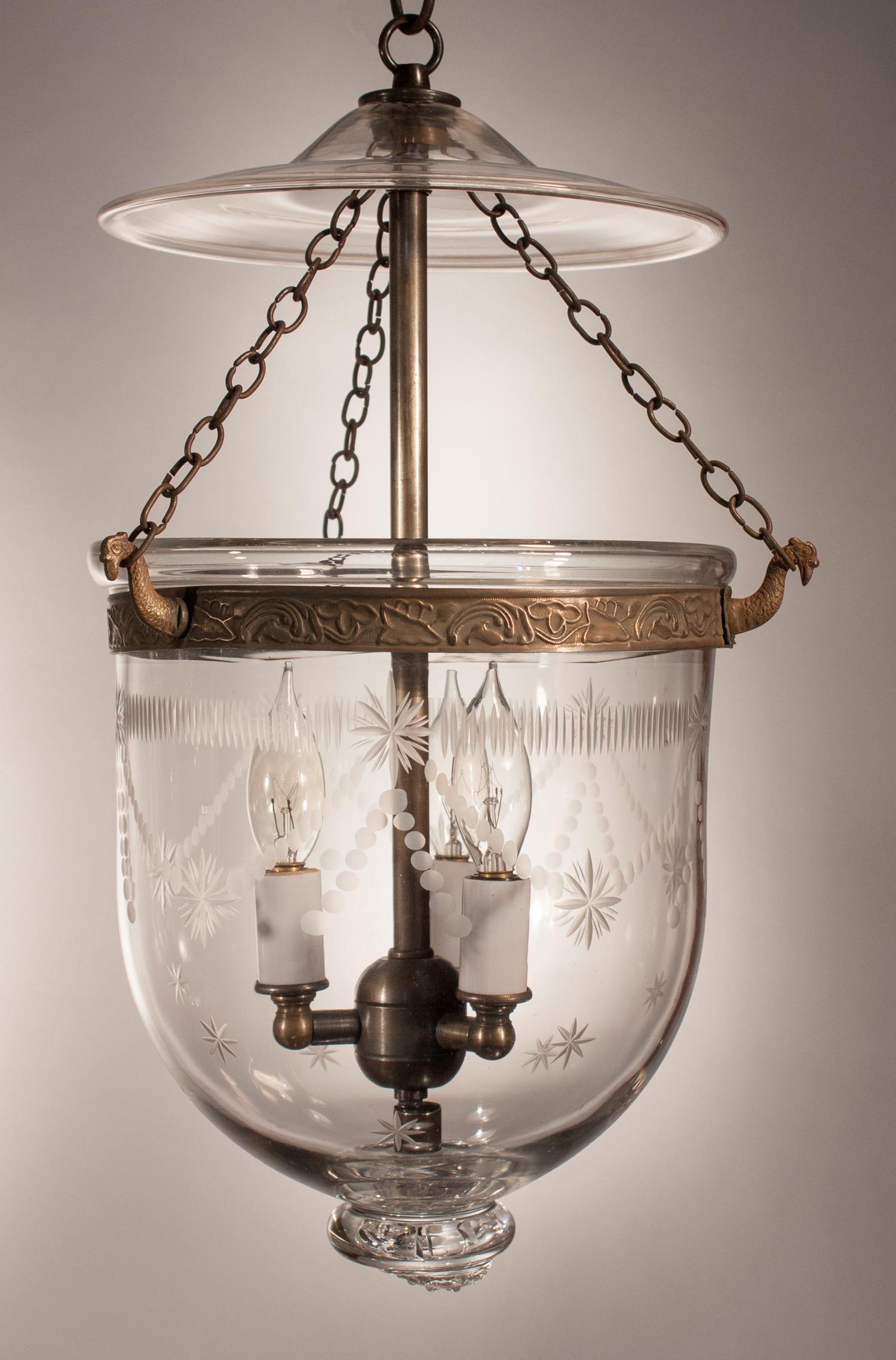 Pair of Petite Bell Jar Lanterns with Federal Etching In Good Condition In Heath, MA