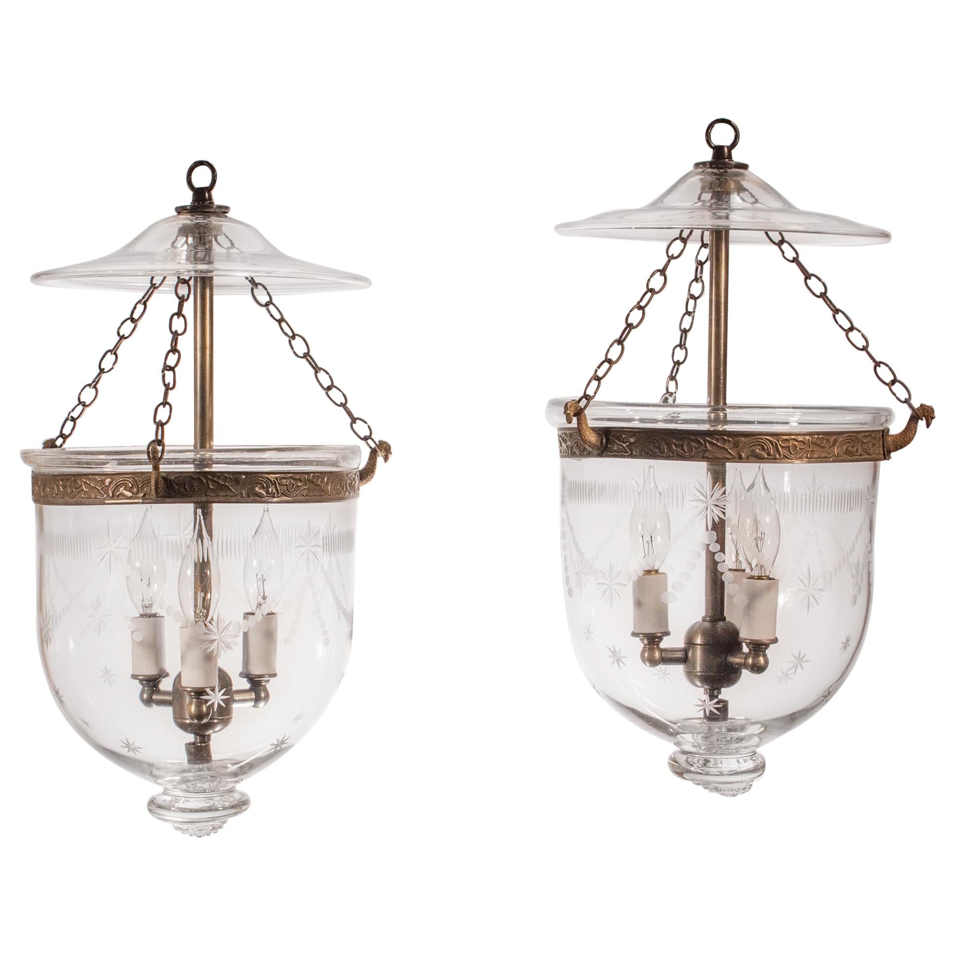 Pair of Petite Bell Jar Lanterns with Federal Etching