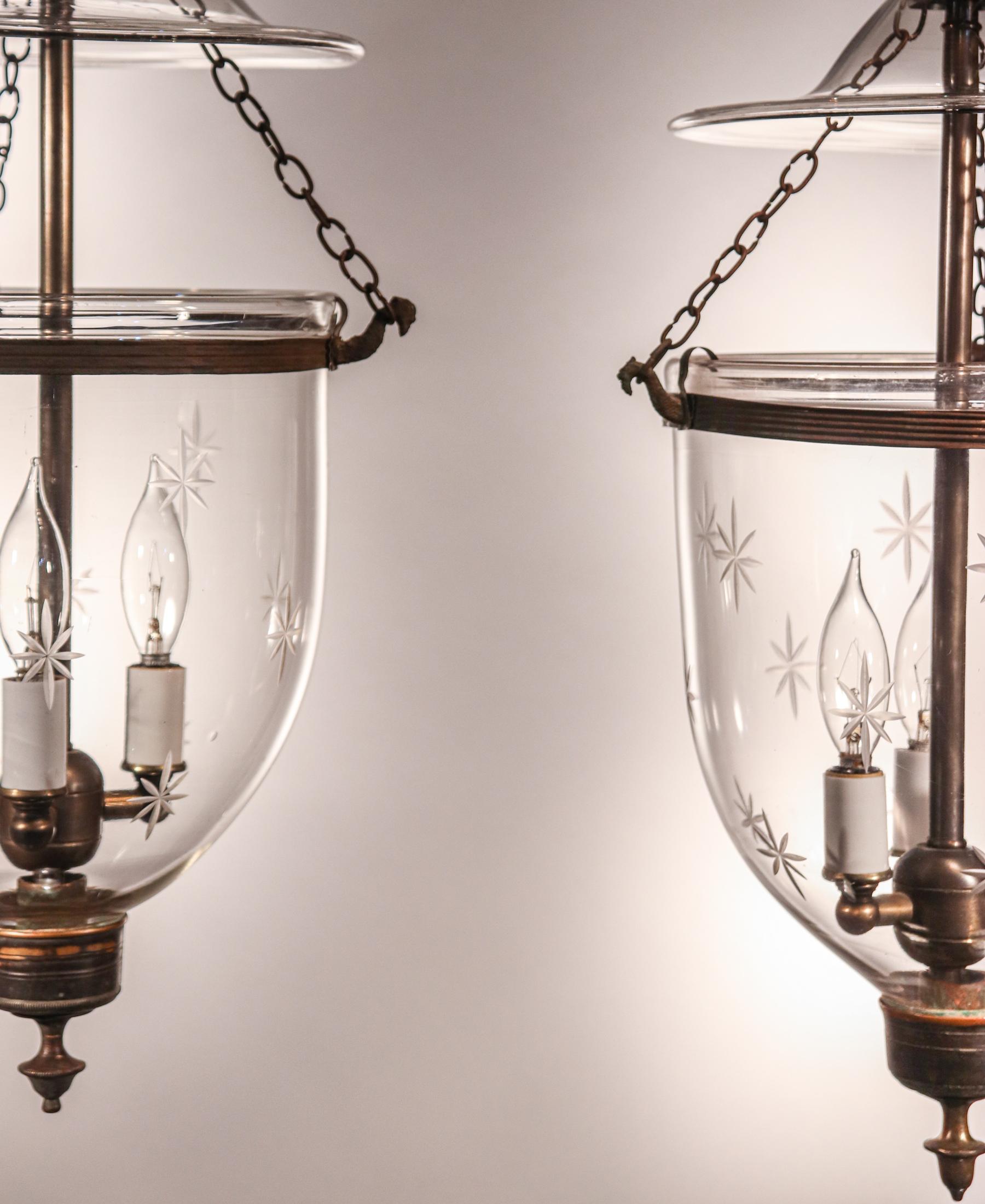 High Victorian Pair of Petite Bell Jar Lanterns with Star Etching