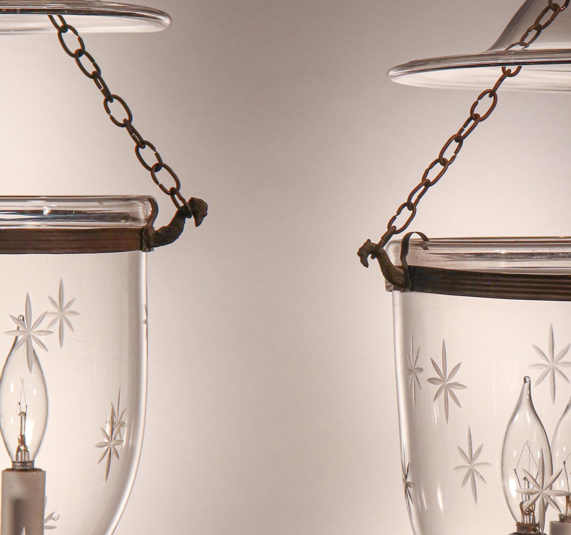 English Pair of Petite Bell Jar Lanterns with Star Etching