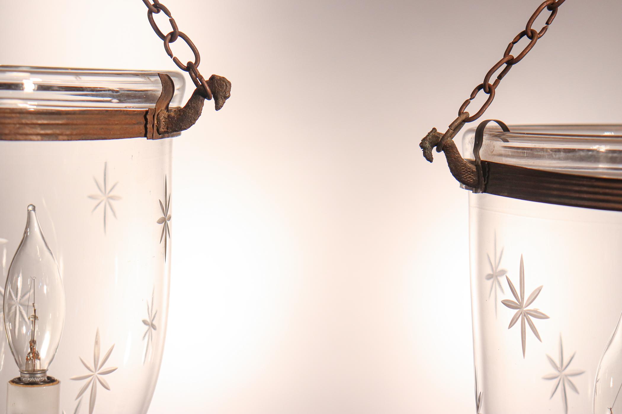 Etched Pair of Petite Bell Jar Lanterns with Star Etching