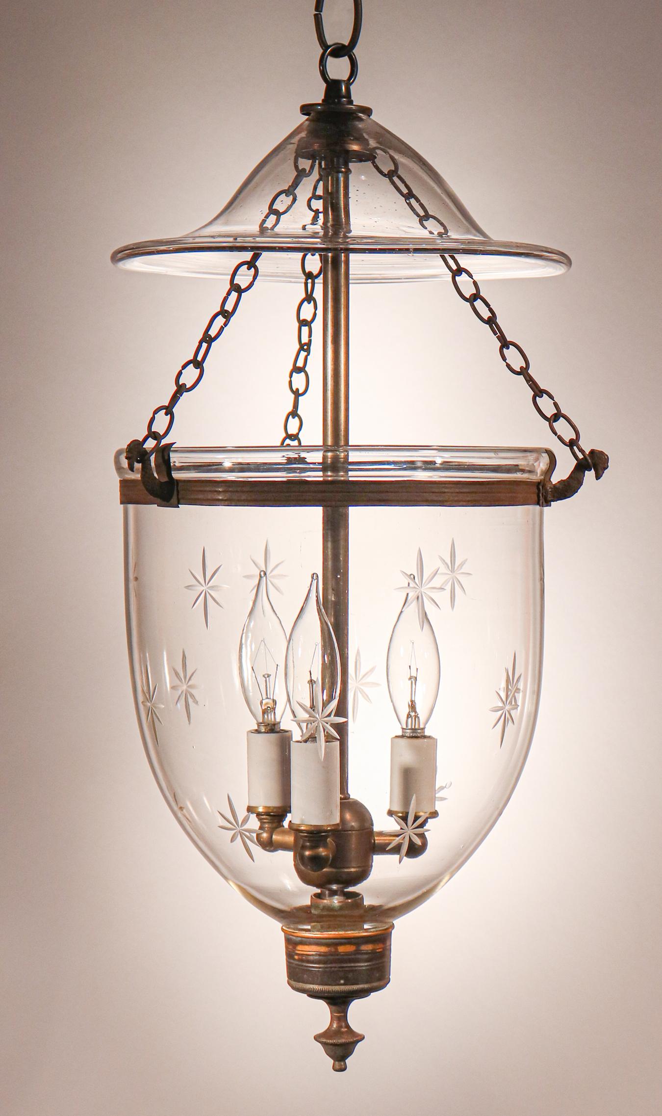 19th Century Pair of Petite Bell Jar Lanterns with Star Etching