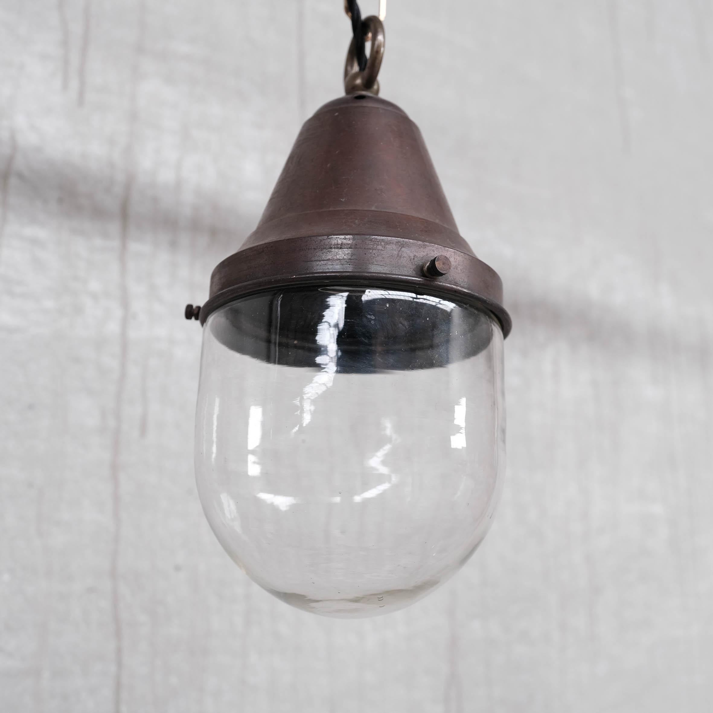 Pair of Petite Brass and Clear Glass Industrial Pendants For Sale 1
