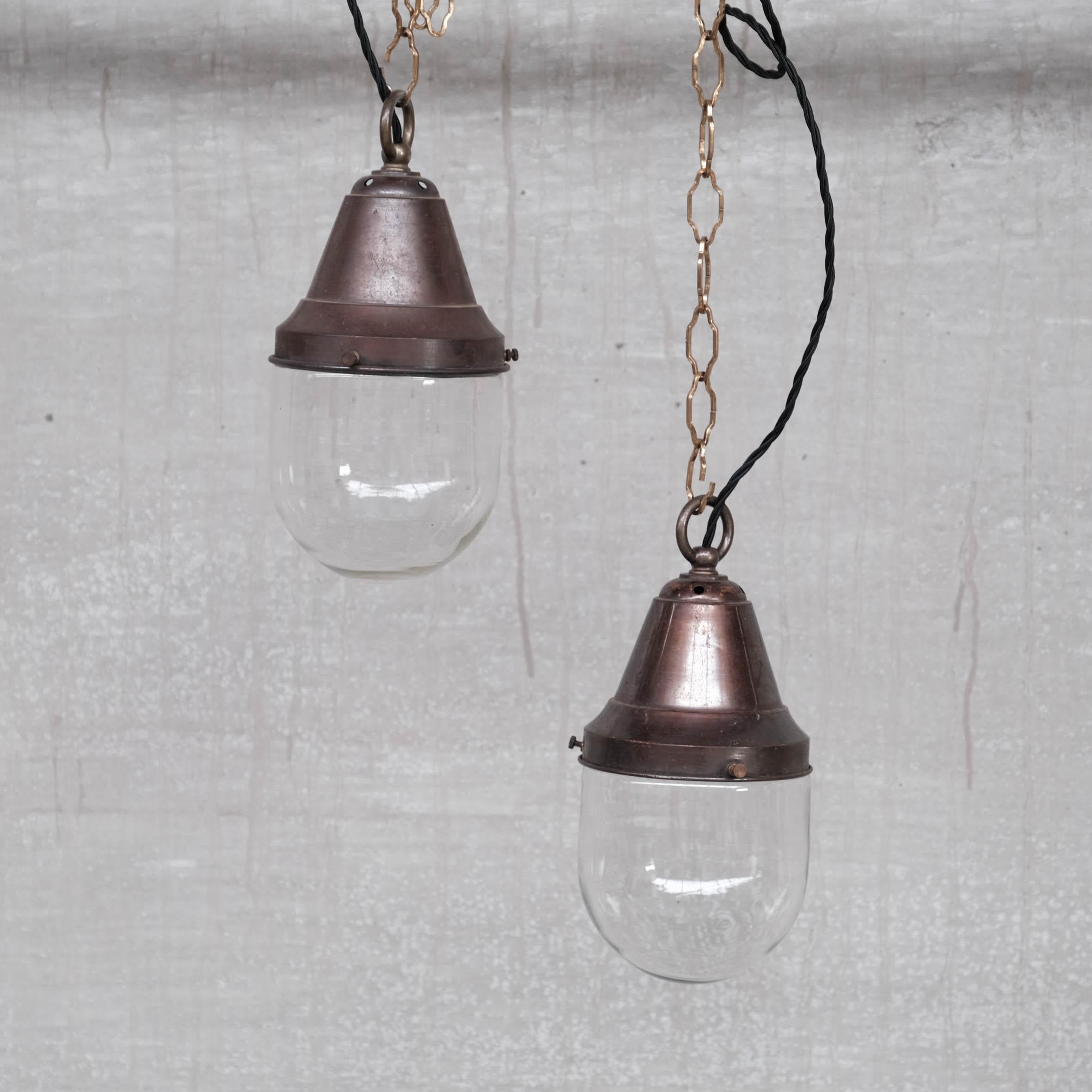 Pair of Petite Brass and Clear Glass Industrial Pendants For Sale 2
