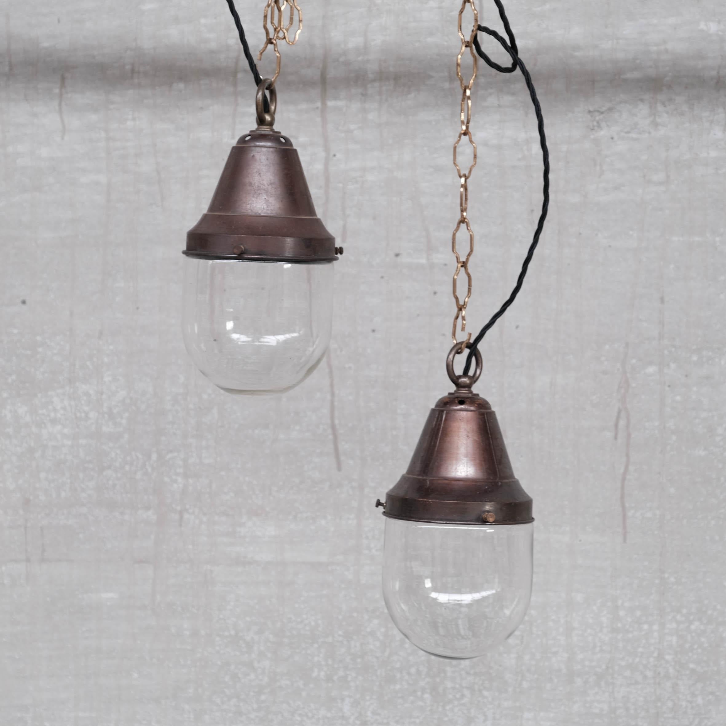 Pair of Petite Brass and Clear Glass Industrial Pendants For Sale 3