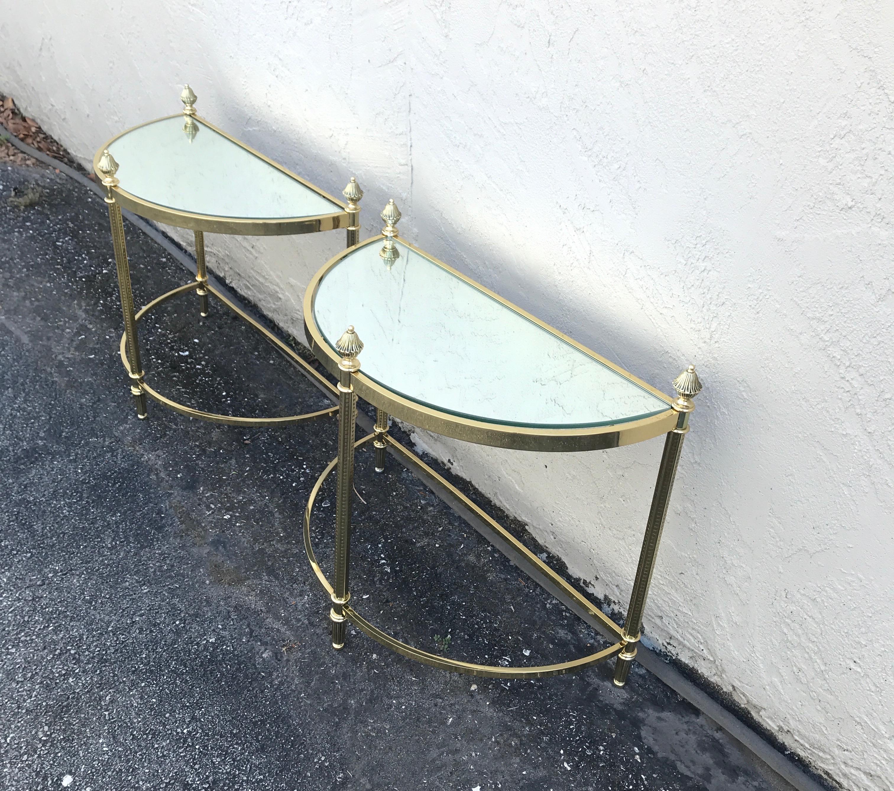 French Pair of Petite Brass Demi Lune Tables by Maison Jansen For Sale
