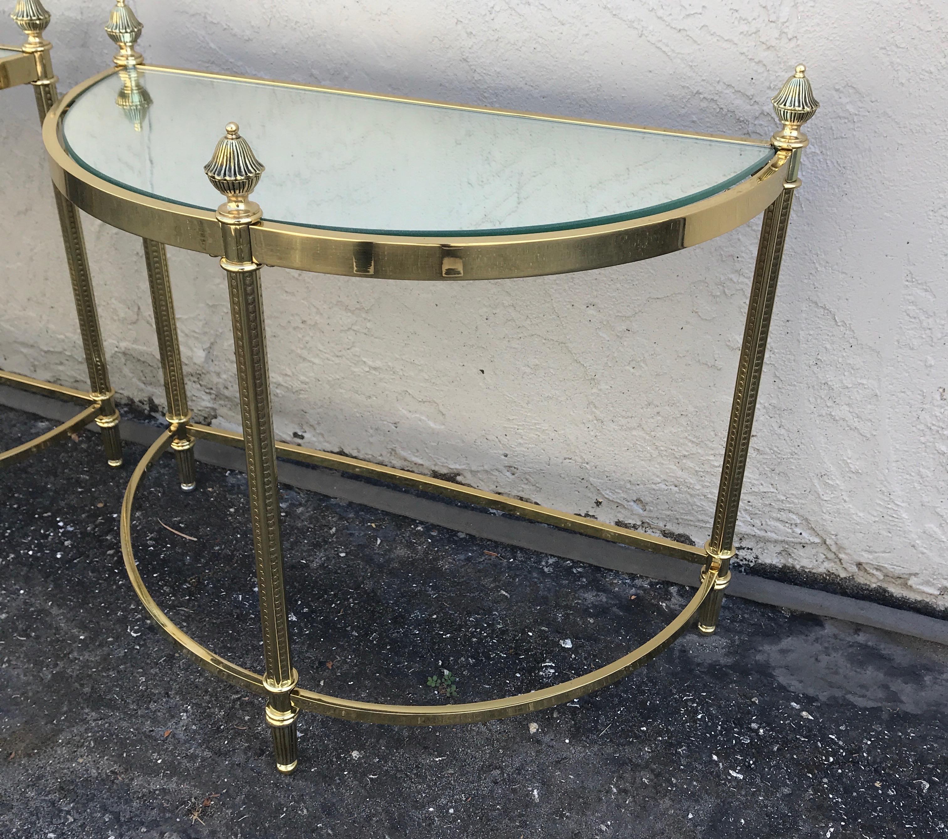 Pair of Petite Brass Demi Lune Tables by Maison Jansen In Good Condition For Sale In West Palm Beach, FL