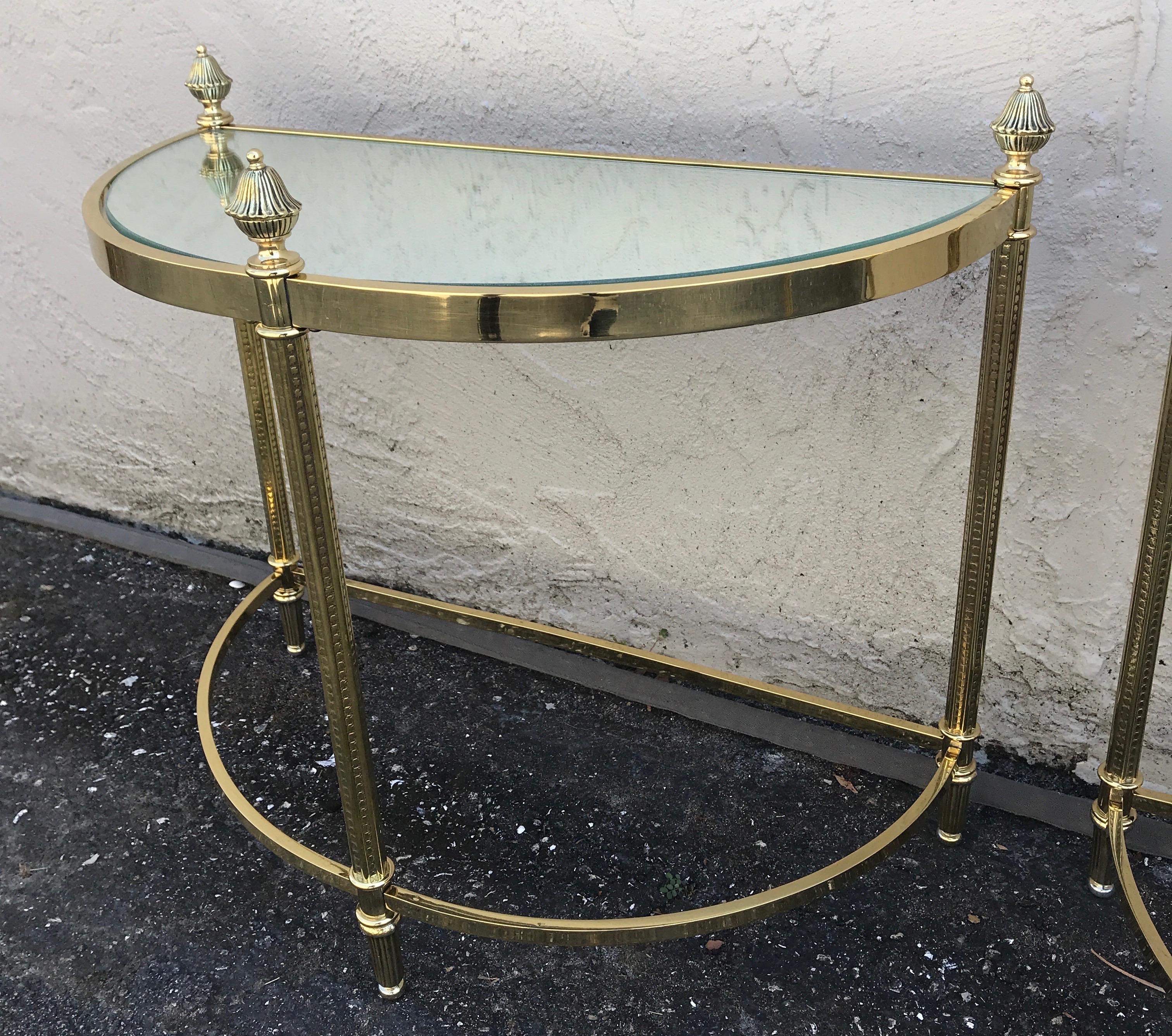20th Century Pair of Petite Brass Demi Lune Tables by Maison Jansen For Sale