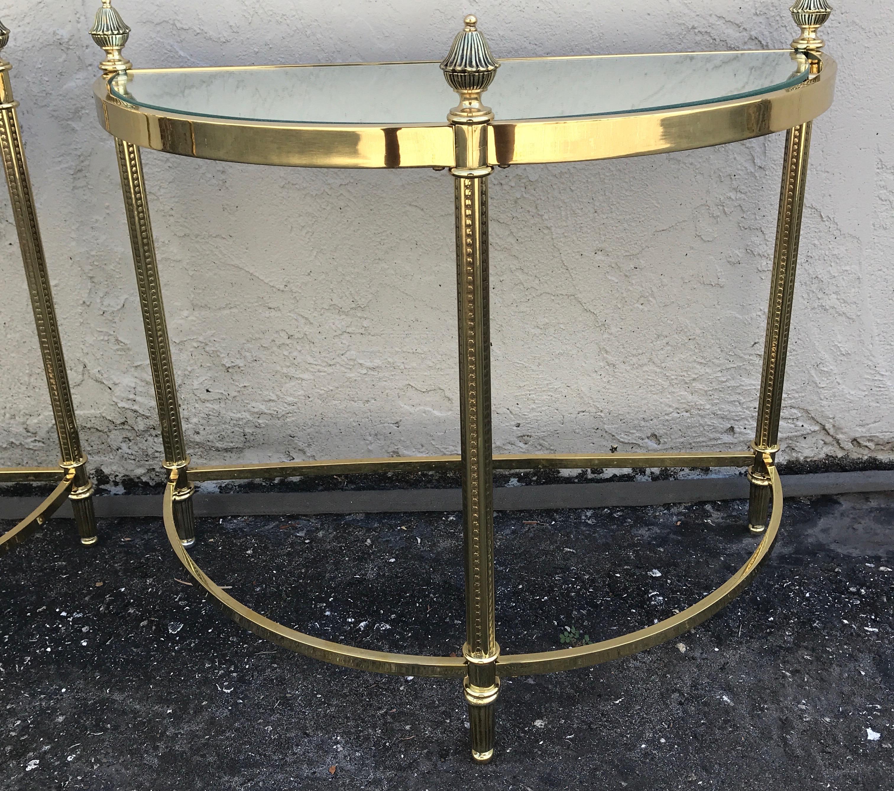 Pair of Petite Brass Demi Lune Tables by Maison Jansen For Sale 1