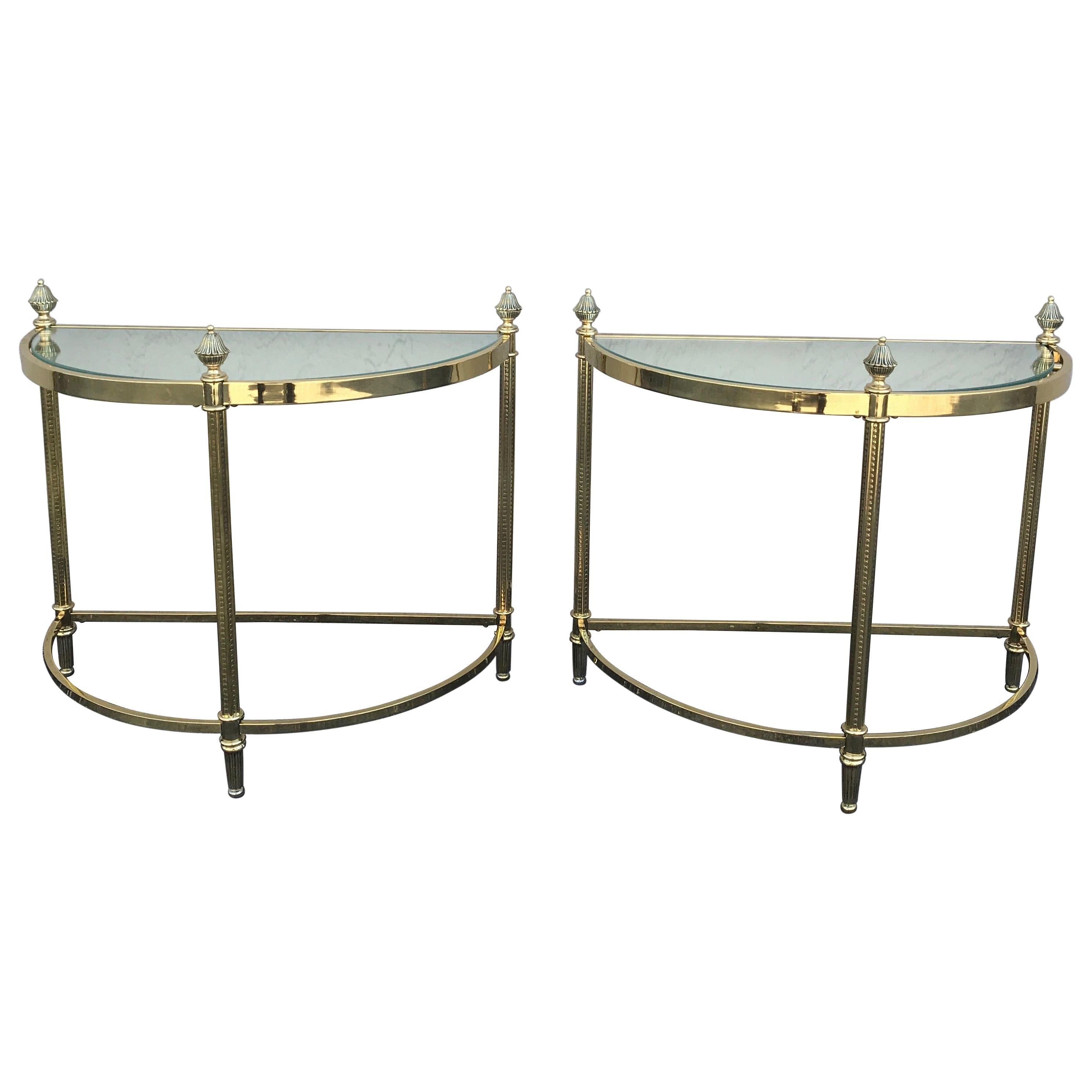 Pair of Petite Brass Demi Lune Tables by Maison Jansen For Sale