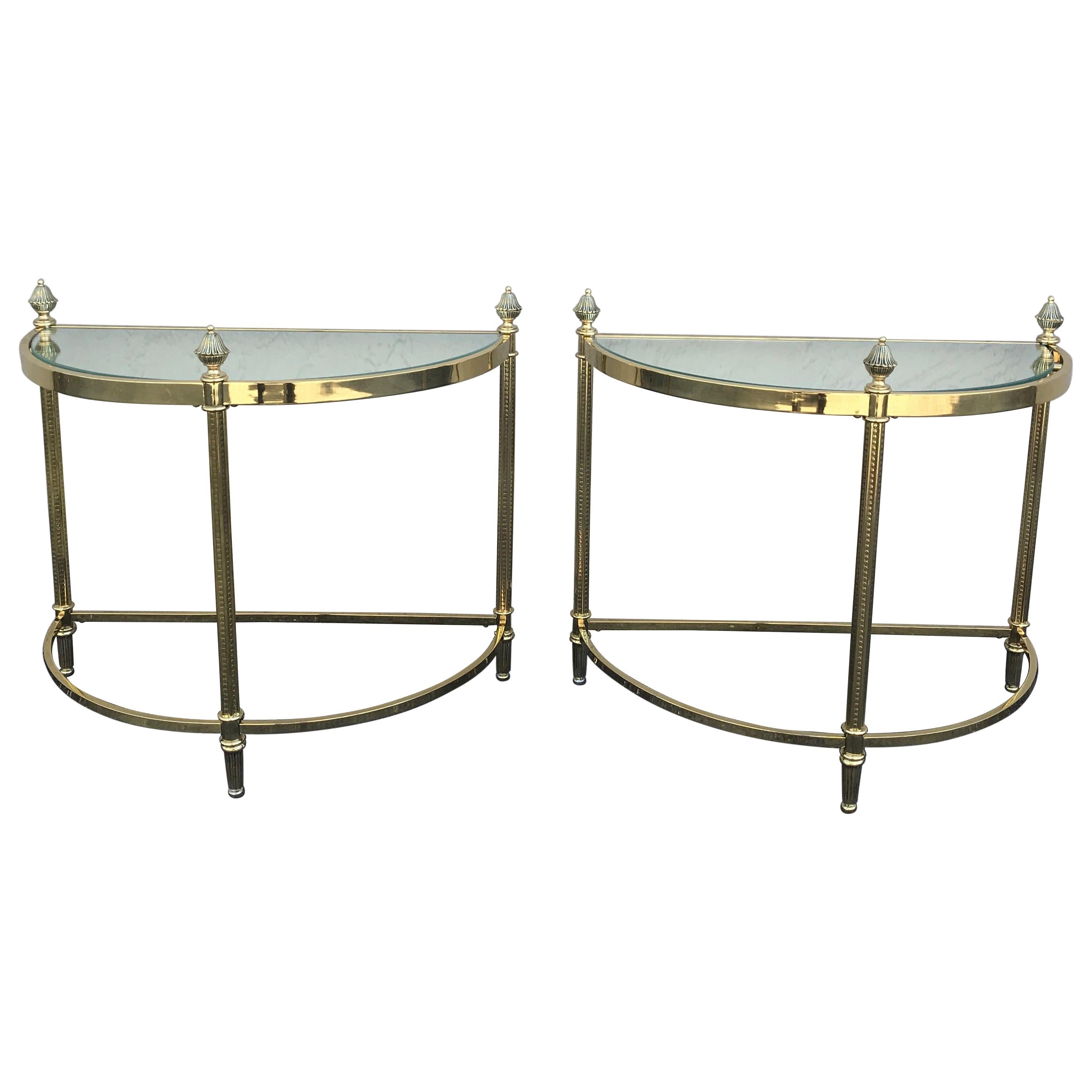 Pair of Petite Brass Demi Lune Tables by Maison Jansen