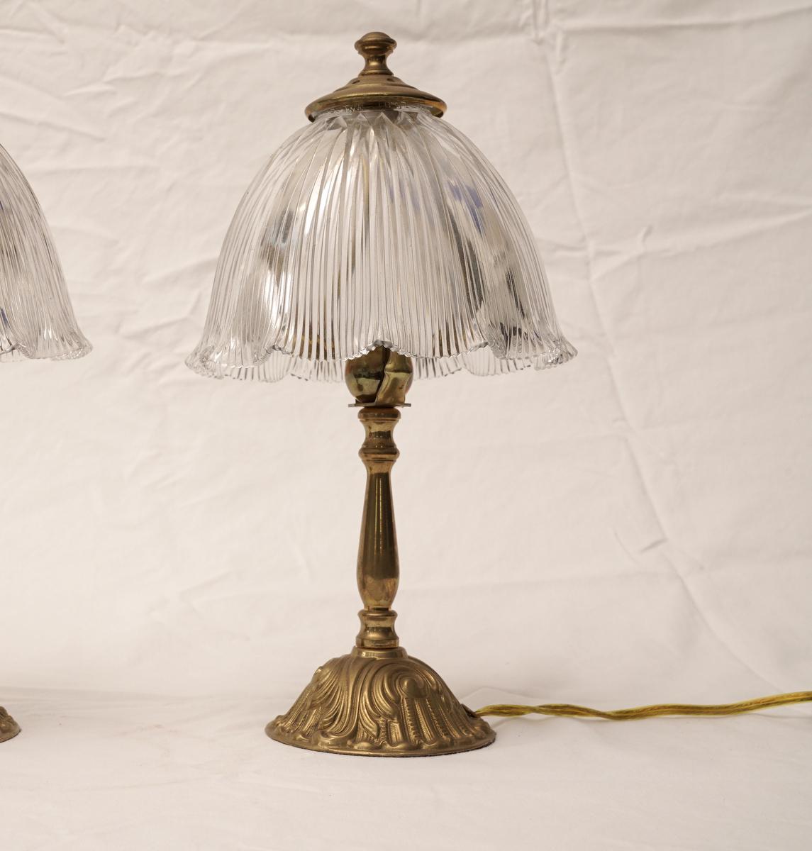 American Pair of Petite Brass Table Lamps with Holophane Shades, Mid-1900s