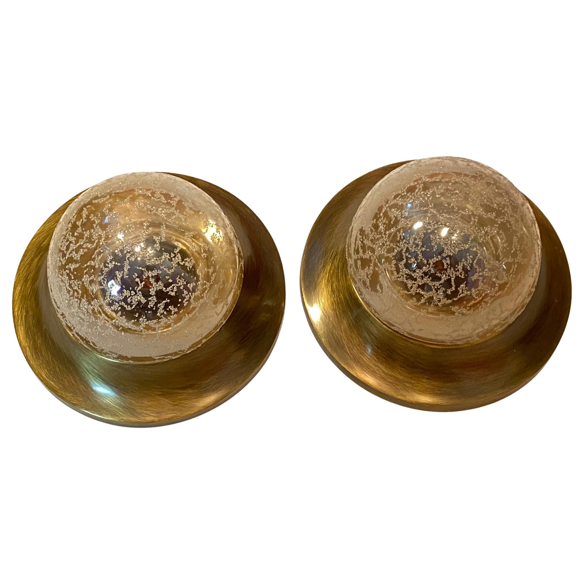 Pair of Petite Bronzed Metal Amber Glass Flush Mount Midcentury, 1970s