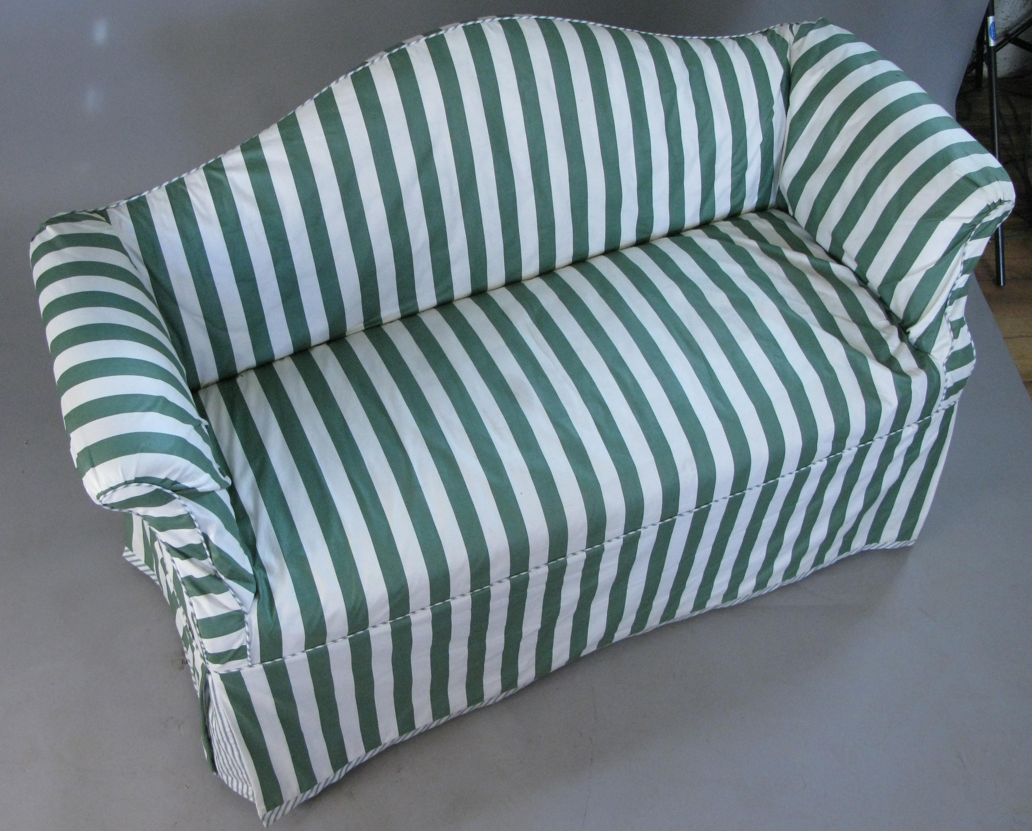 American Pair of Petite Camelback Settees with Slipcovers in Green & White
