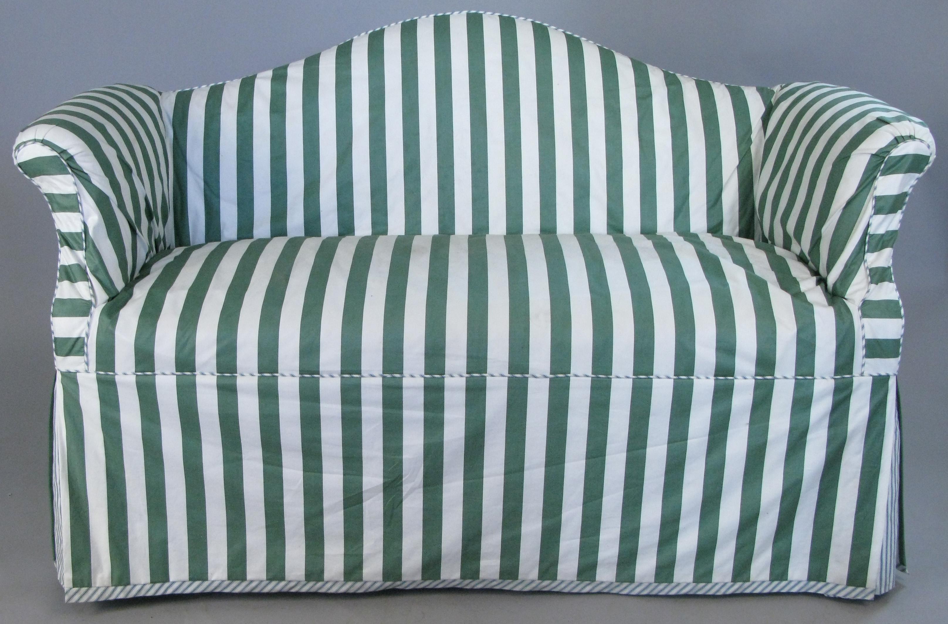 Mid-20th Century Pair of Petite Camelback Settees with Slipcovers in Green & White