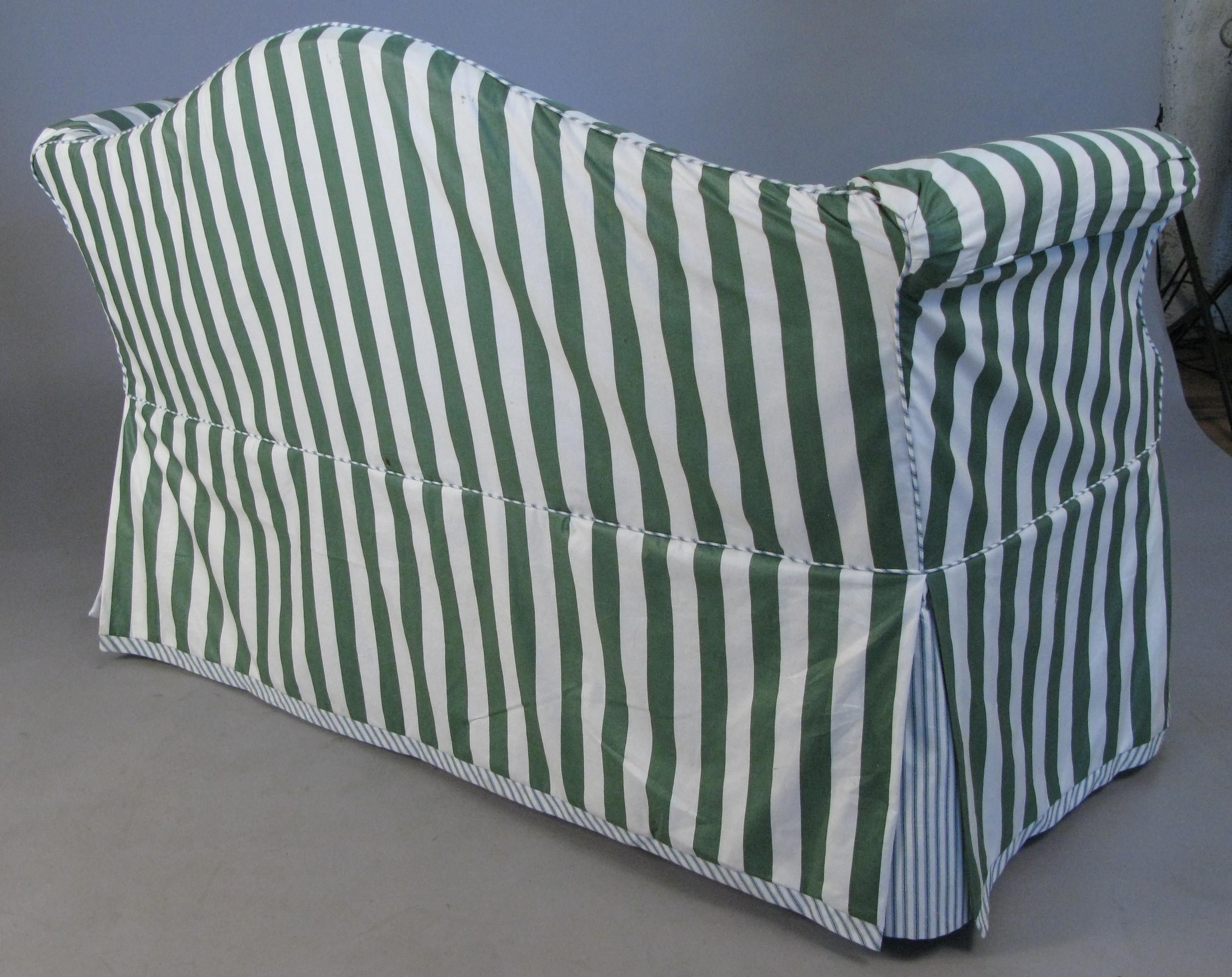 Pair of Petite Camelback Settees with Slipcovers in Green & White 1