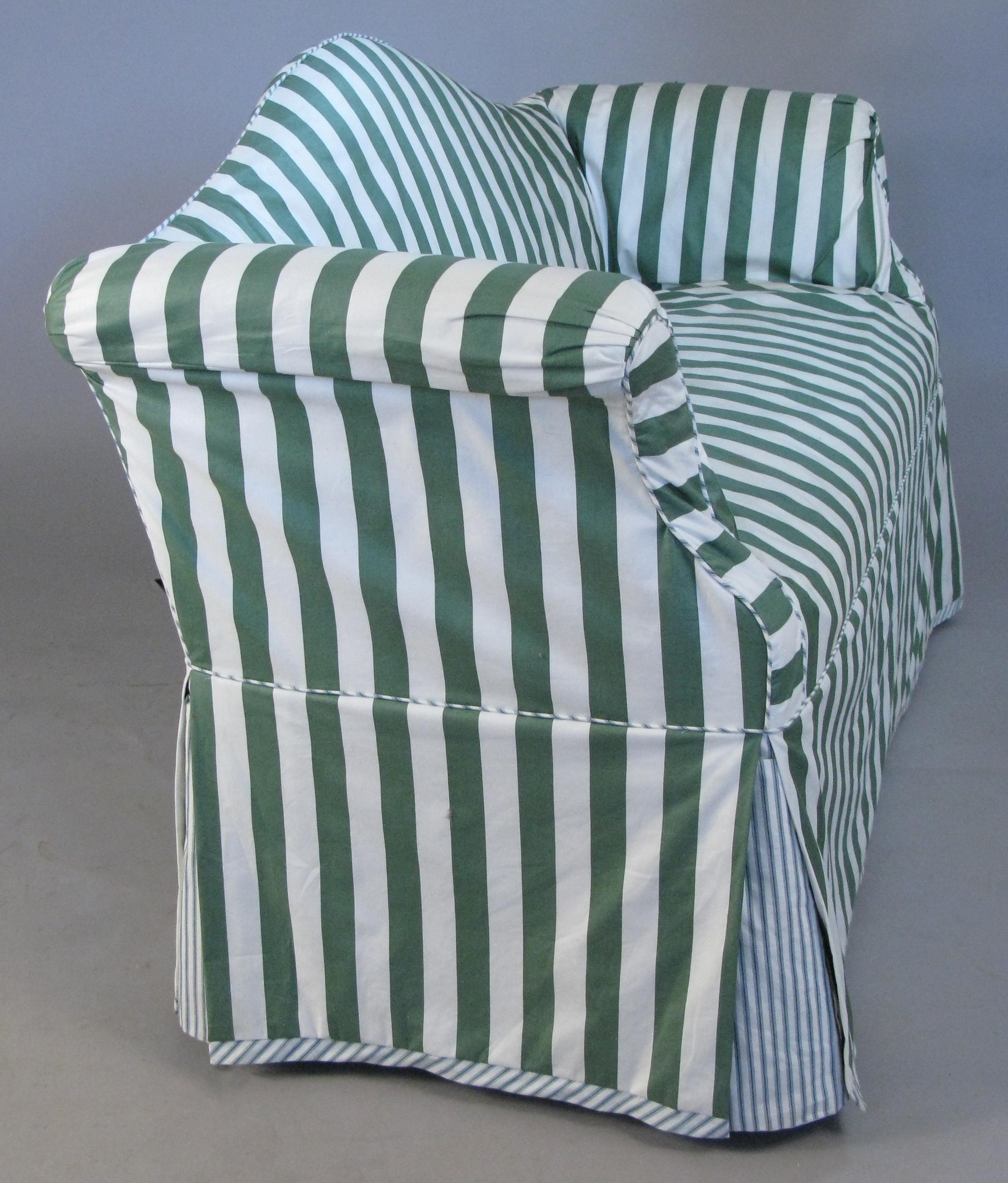 Pair of Petite Camelback Settees with Slipcovers in Green & White 2