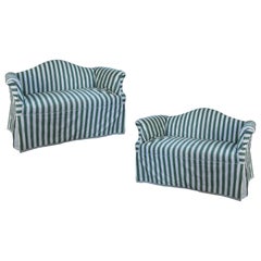 Pair of Petite Camelback Settees with Slipcovers in Green & White