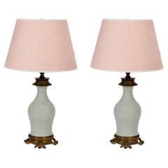 Pair of Petite Celadon Lamps With Ormolu Bases