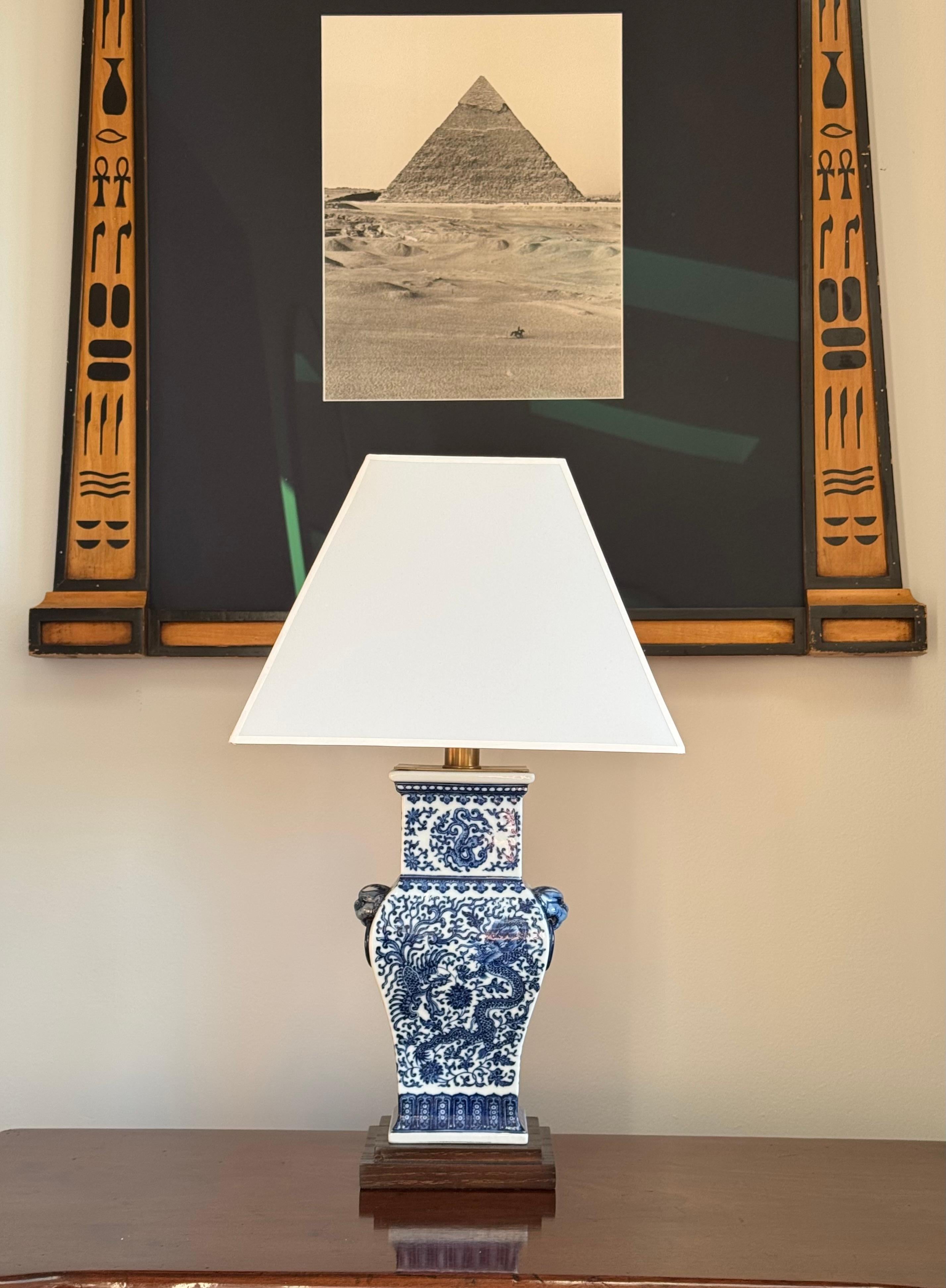 Fired Pair of Petite Chinese Blue and White Lamps For Sale