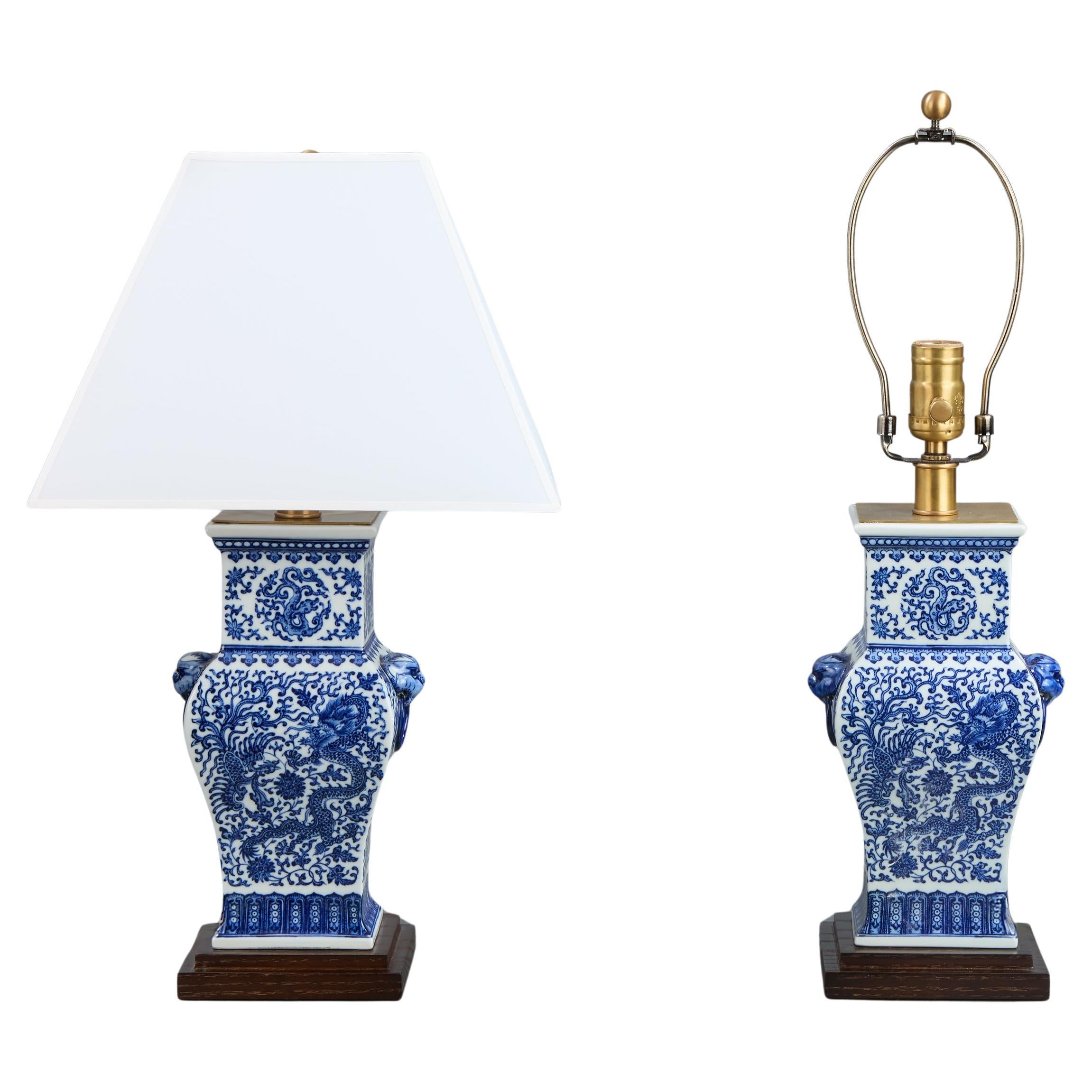 Pair of Petite Chinese Blue and White Lamps