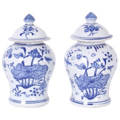 Pair of Petite Chinese Blue and White Porcelain Floral Jars