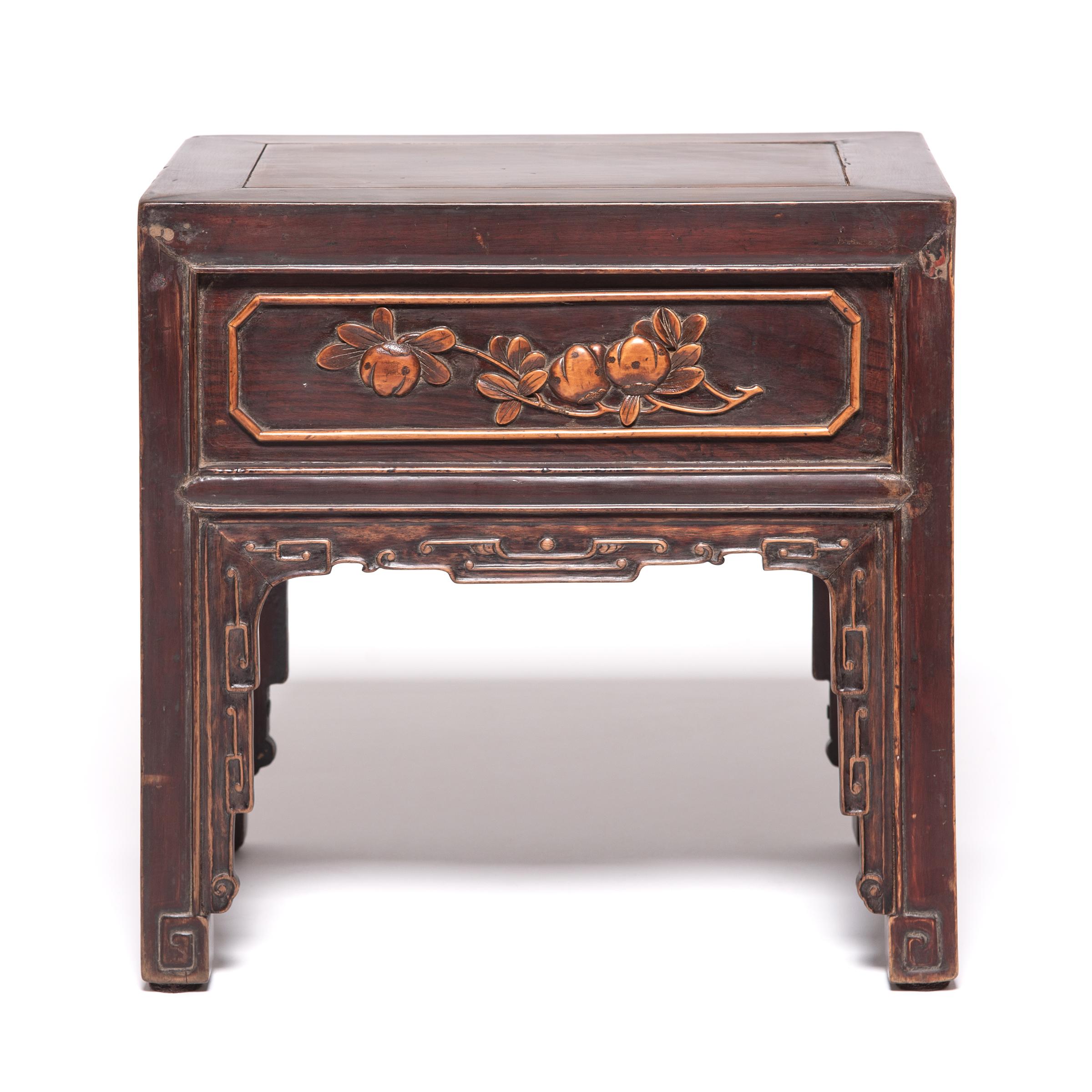 Carved Pair of Petite Chinese Display Tables with Boxwood Inlay, c. 1850