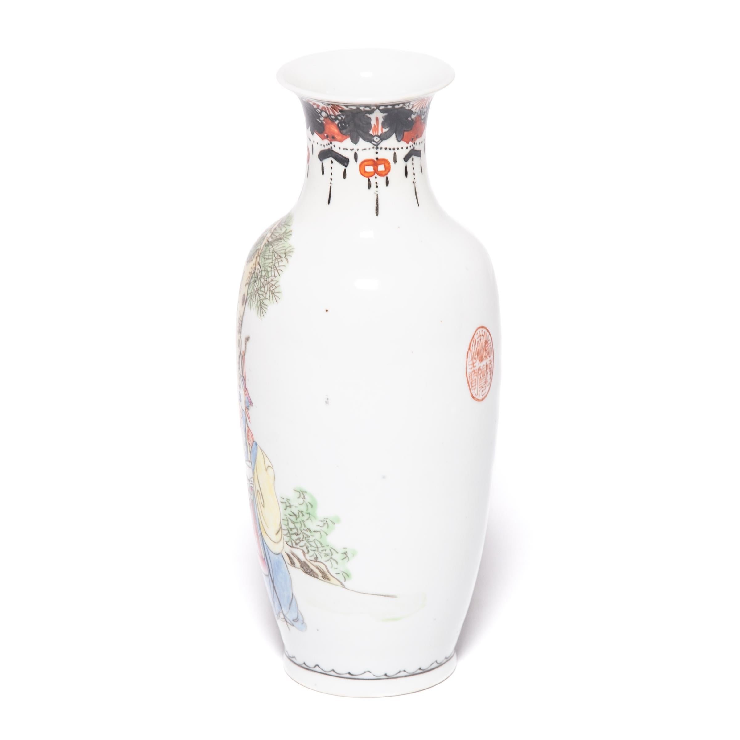 Chinese Export Pair of Petite Chinese Famille Rose Longevity Vases, c. 1900 For Sale