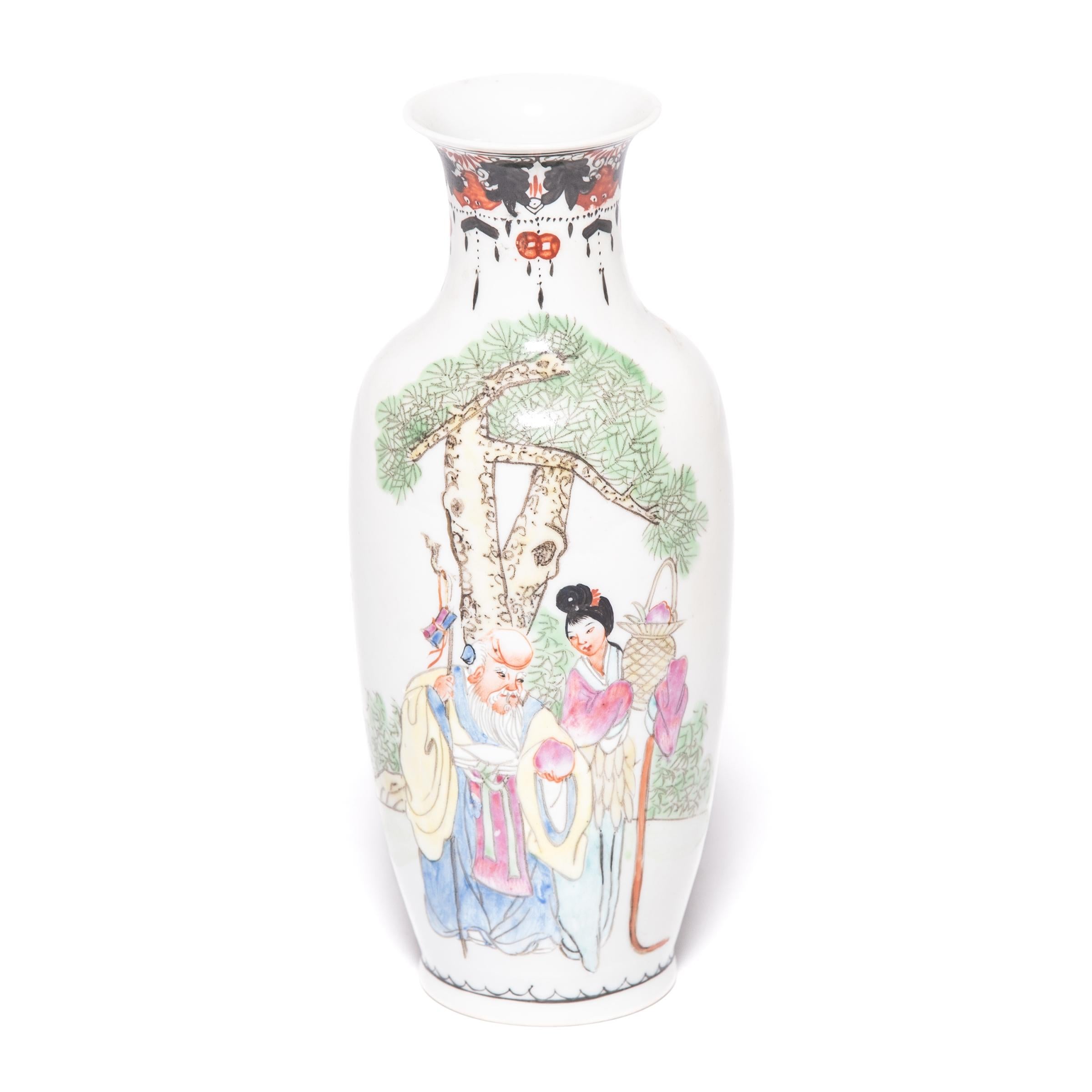 Porcelain Pair of Petite Chinese Famille Rose Longevity Vases, c. 1900 For Sale