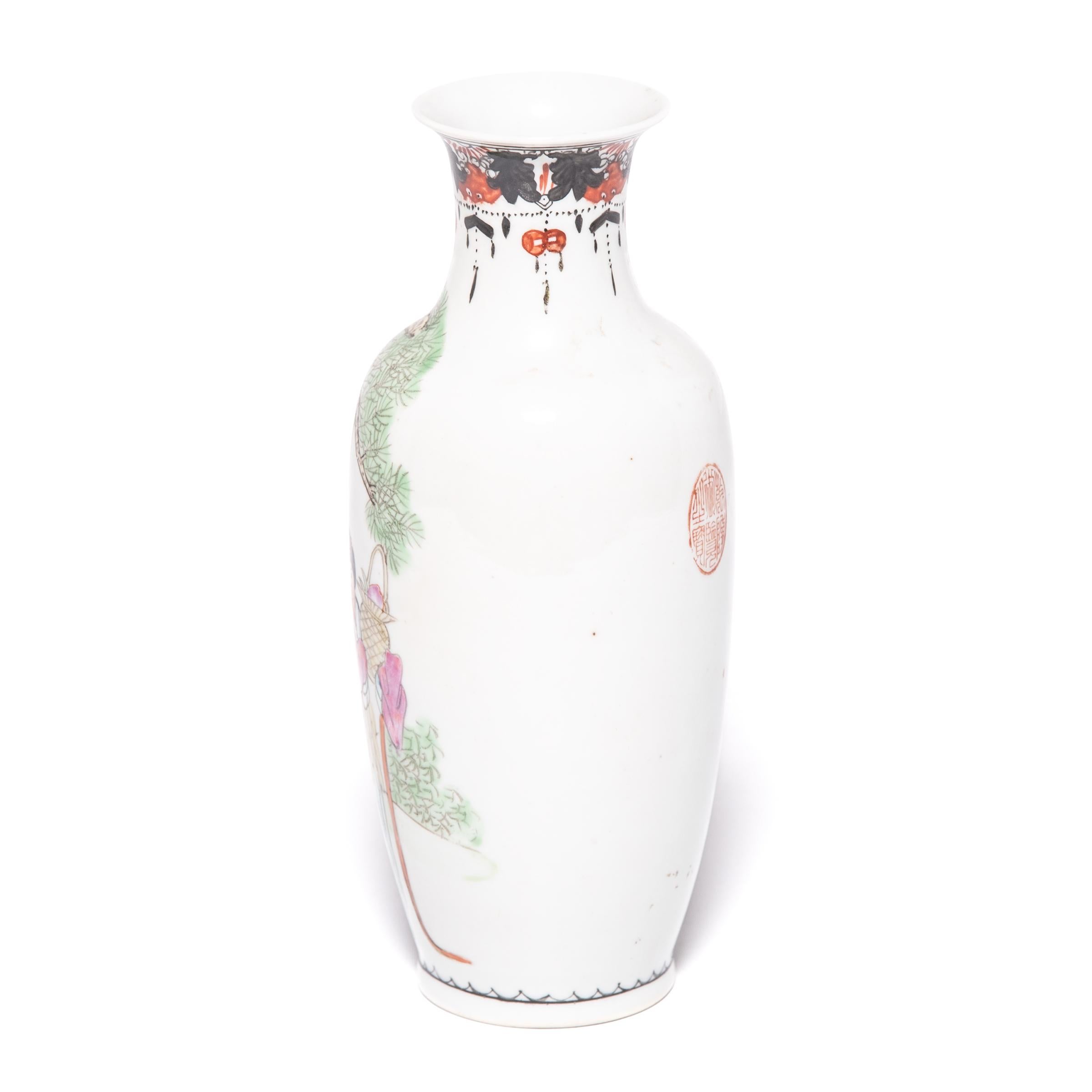 Pair of Petite Chinese Famille Rose Longevity Vases, c. 1900 For Sale 1