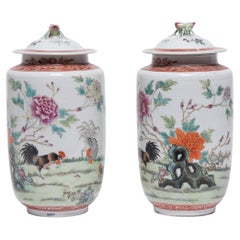 Pair of Petite Chinese Famille Rose Rooster Jars, c. 1900