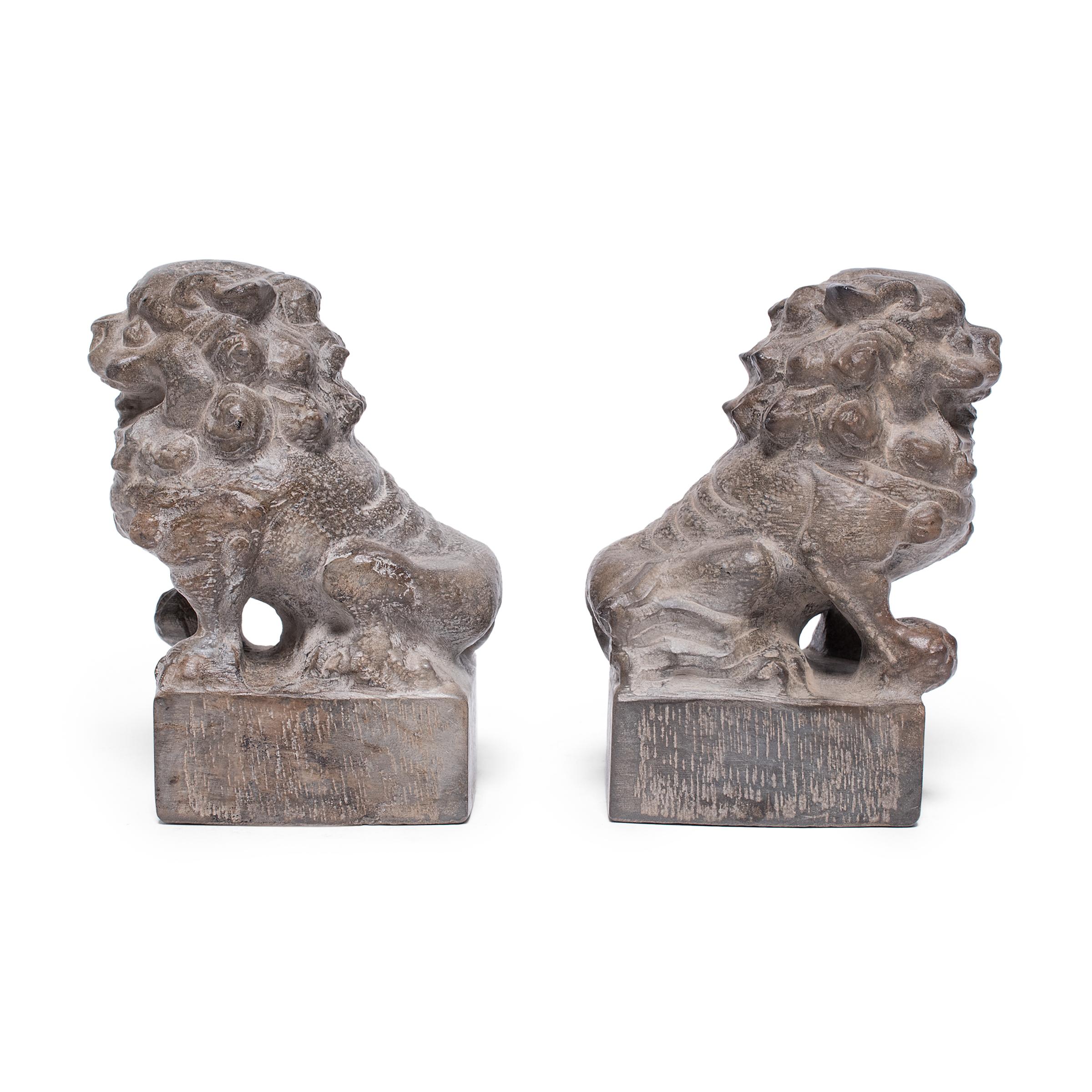 Hand-Carved Pair of Petite Chinese Fu Dog Guardians