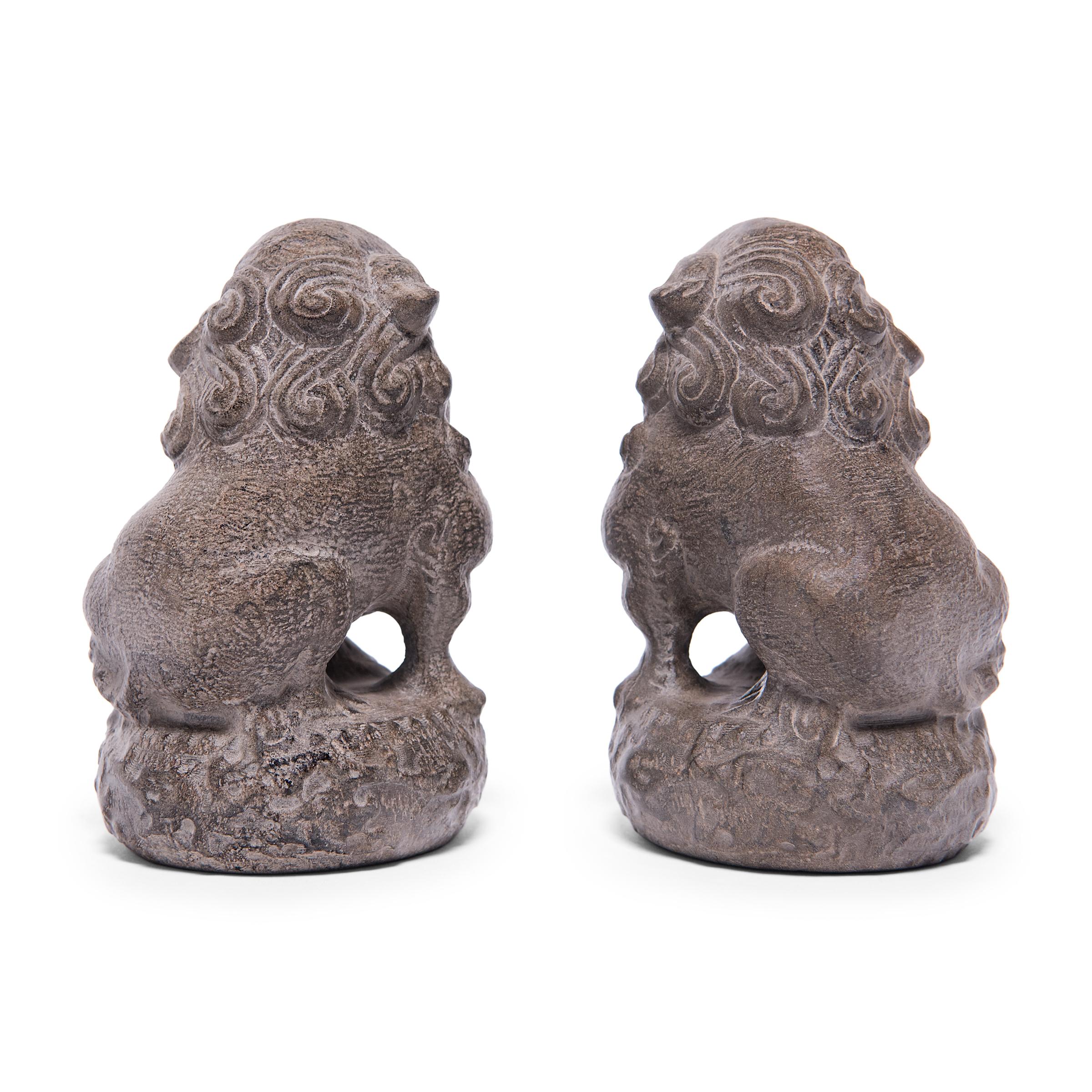 Hand-Carved Pair of Petite Chinese Fu Dog Guardians
