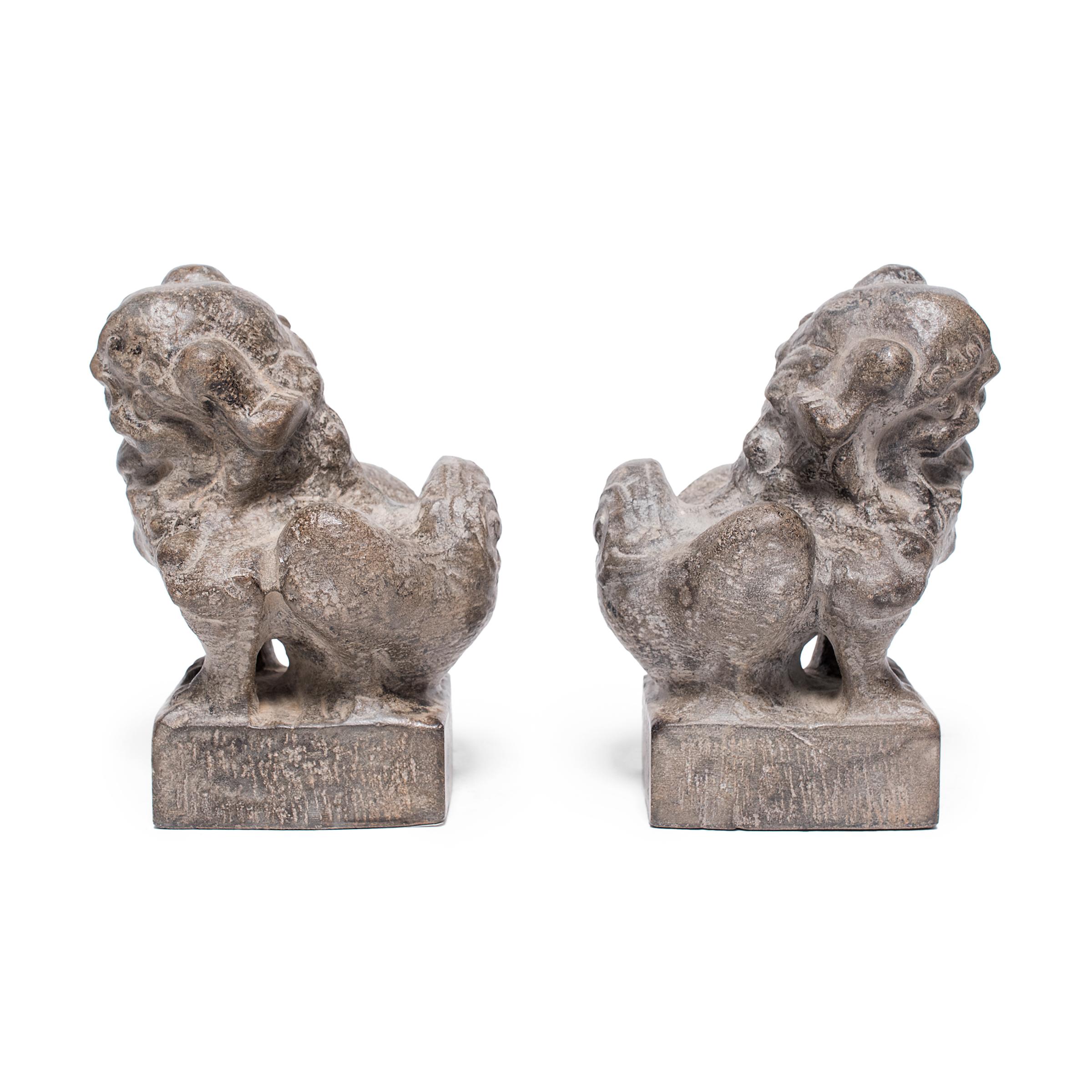 Hand-Carved Pair of Petite Chinese Fu Dog Guardians For Sale