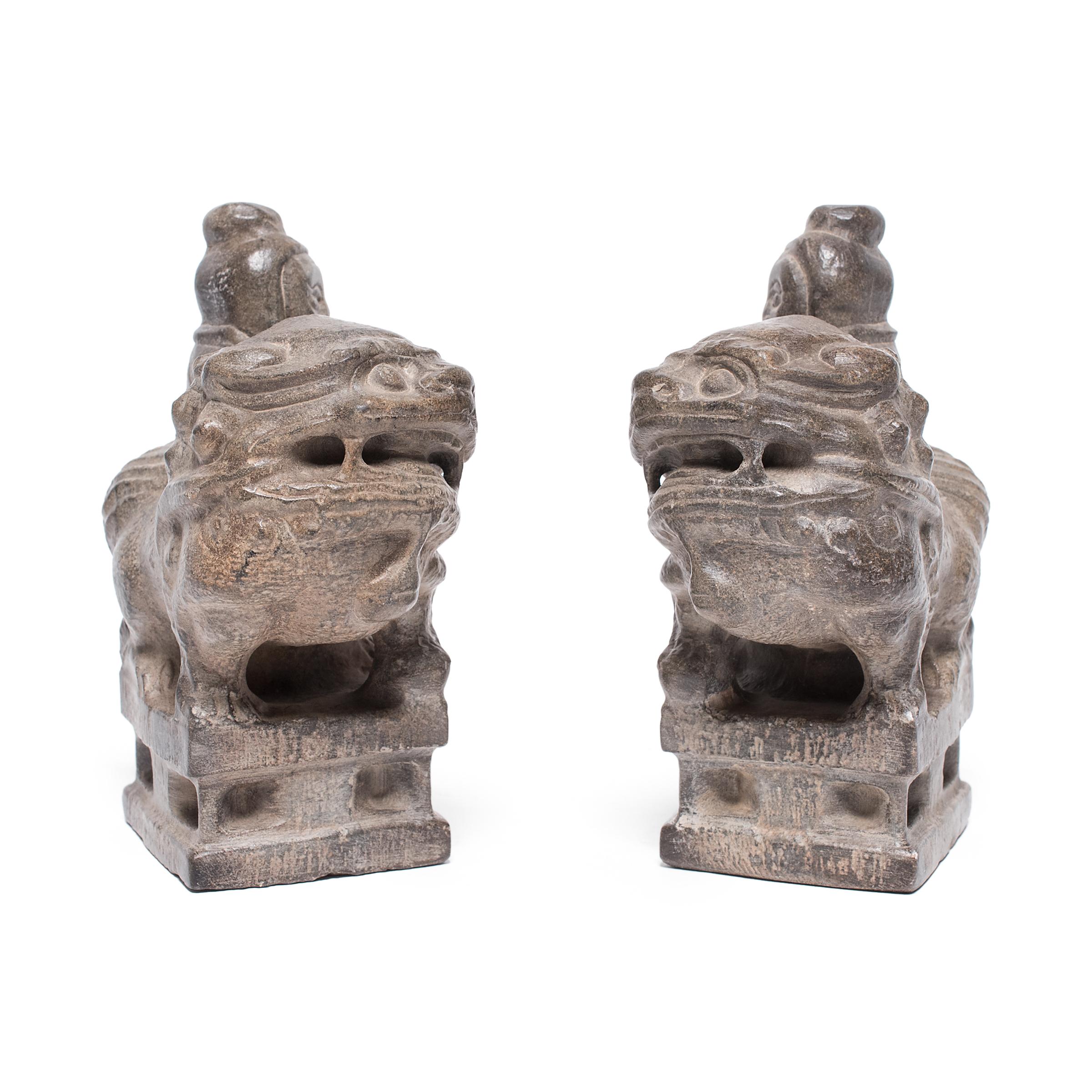 Hand-Carved Pair of Petite Chinese Fu Dog Guardians with Riders For Sale