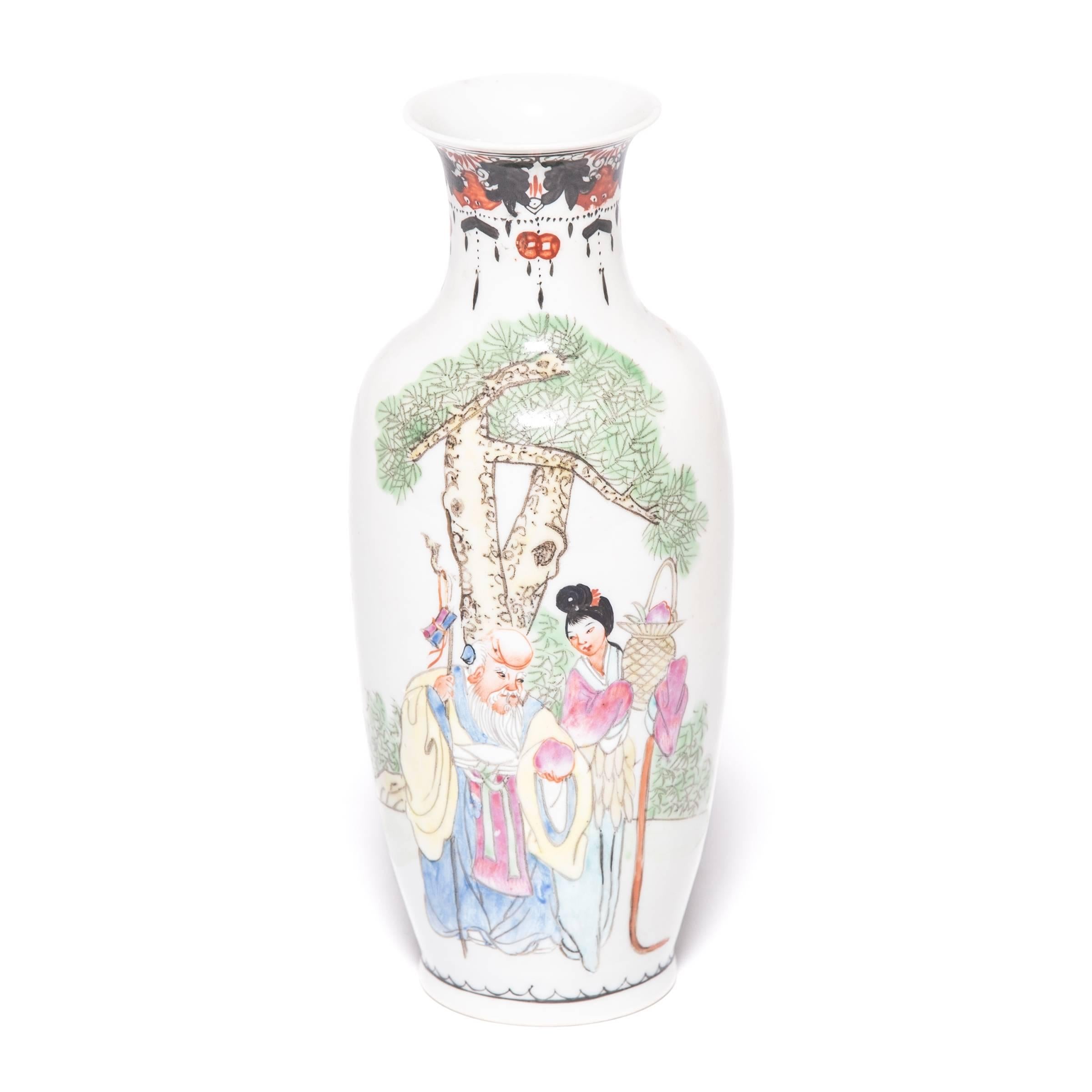 Porcelain Pair of Petite Chinese Garden Pavilion Fantail Vases
