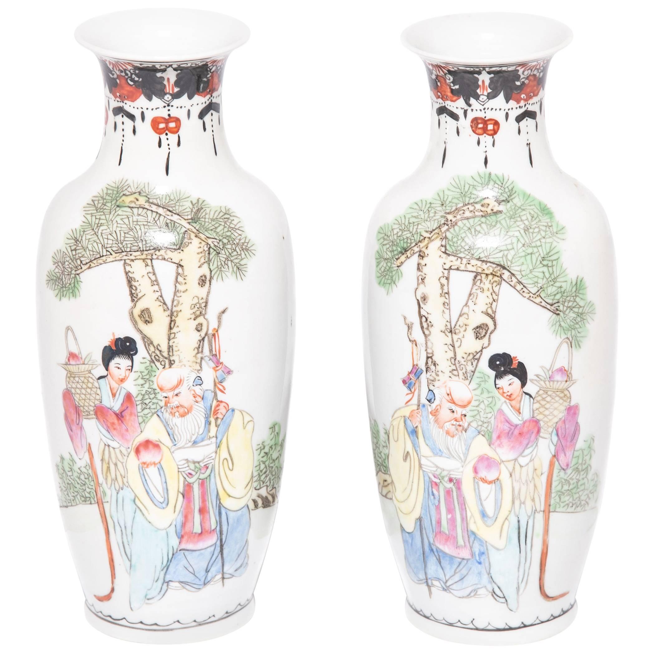 Pair of Petite Chinese Garden Pavilion Fantail Vases