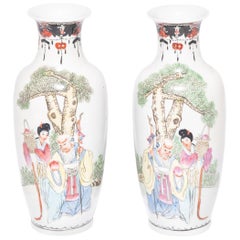 Pair of Petite Chinese Garden Pavilion Fantail Vases