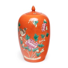 Pair of Petite Chinese Persimmon Jars with Famille Rose Peonies, c. 1920s