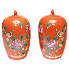 Pair of Petite Chinese Persimmon Jars with Famille Rose Peonies, c. 1920s